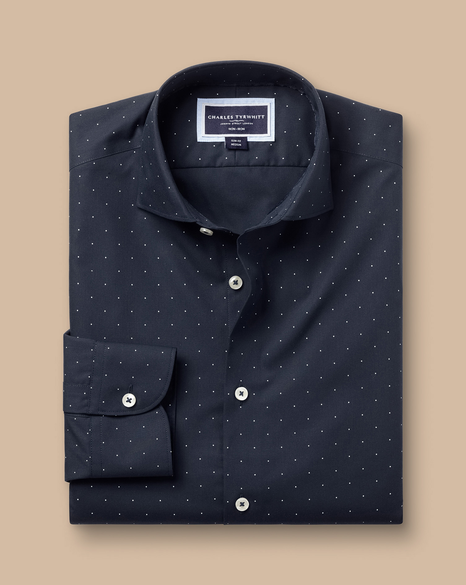 Semi-Cutaway Collar Non-Iron Stretch Spot Print Shirt - Navy