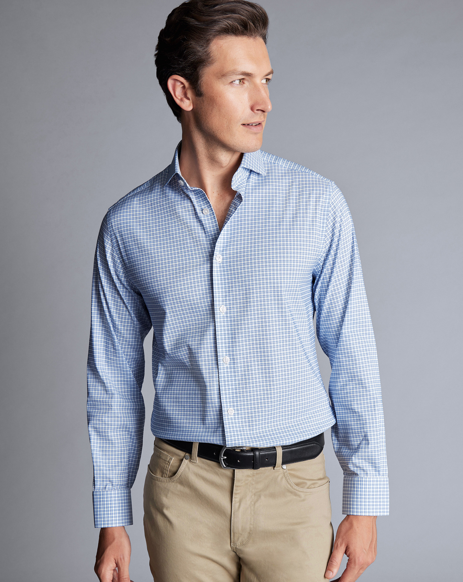 Non-Iron Performance Twill Grid Check Shirt - Ocean Blue