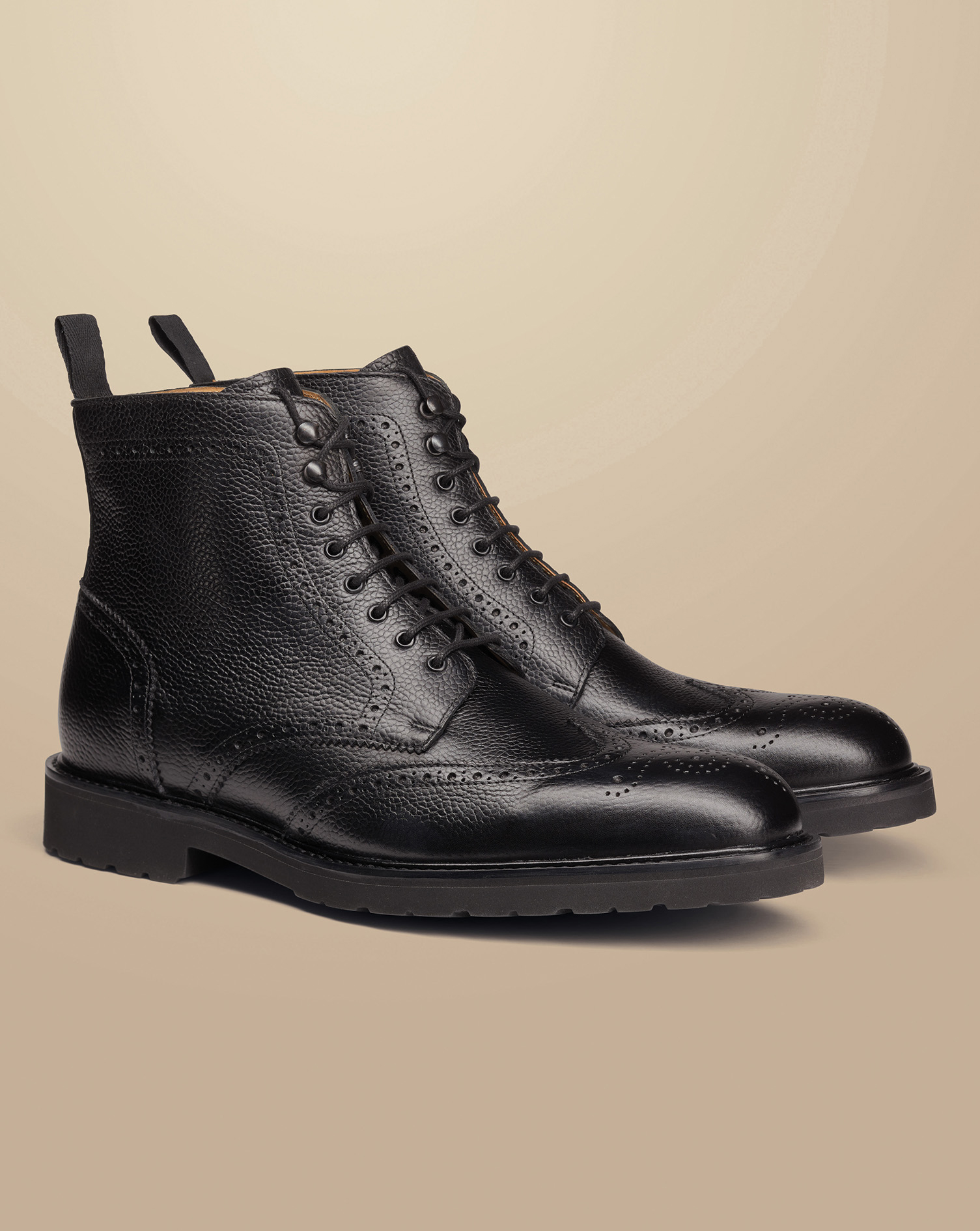 Grain Leather Rubber Sole Brogue Boots - Black