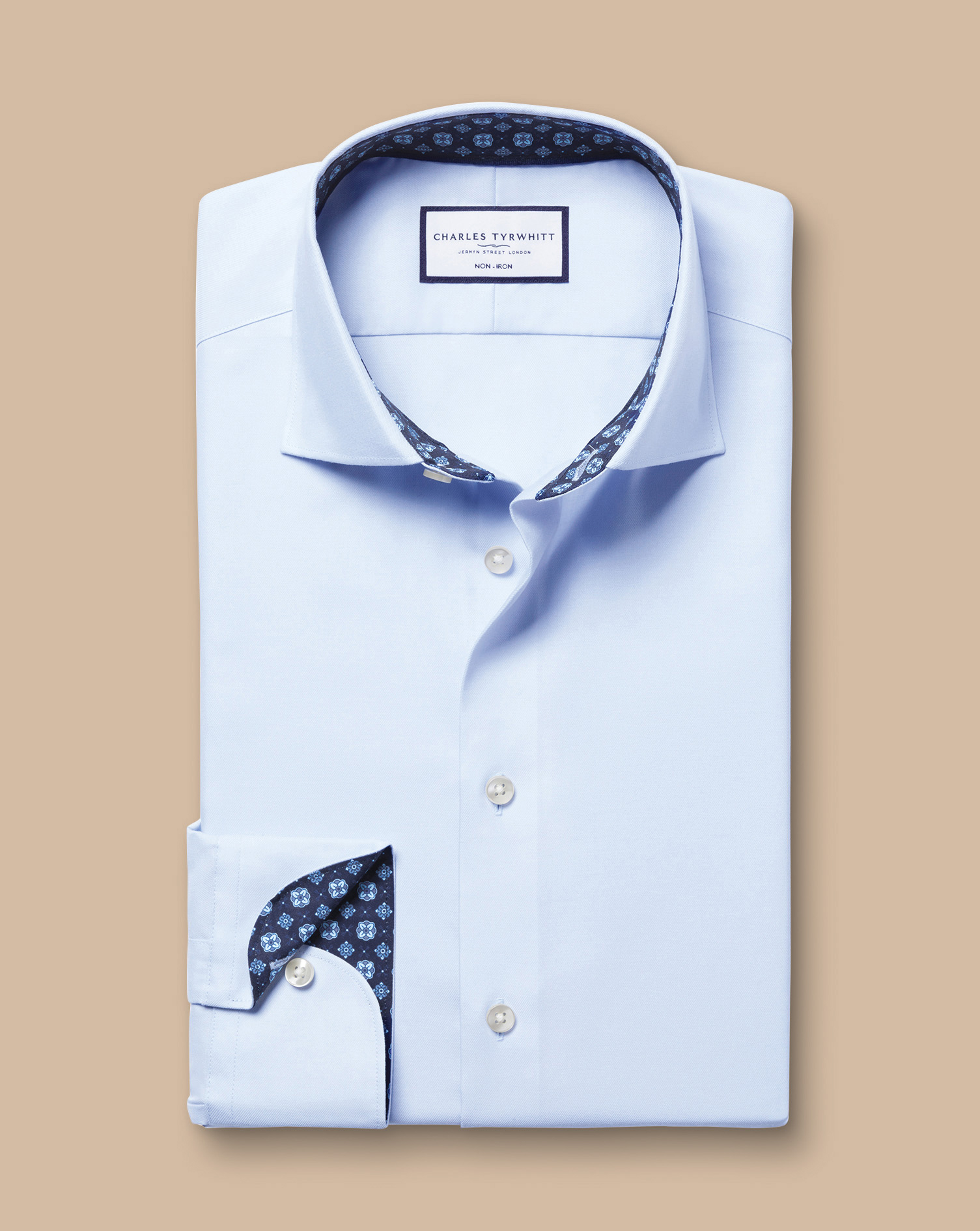 Semi-Cutaway Collar Non-Iron Twill Medallion Printed Trim Shirt - Sky Blue