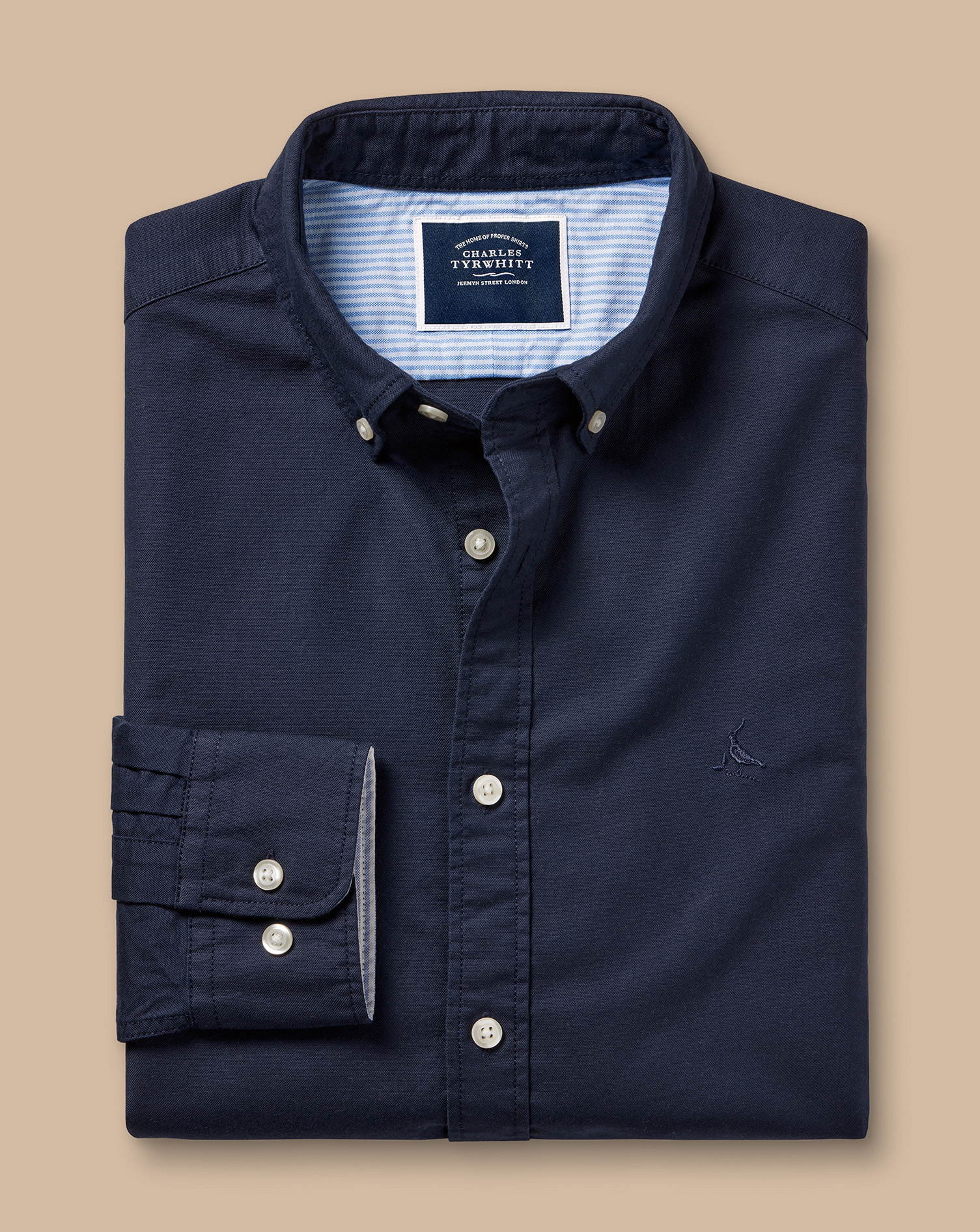 Button-Down Collar Stretch Washed Oxford Shirt - Navy Blue