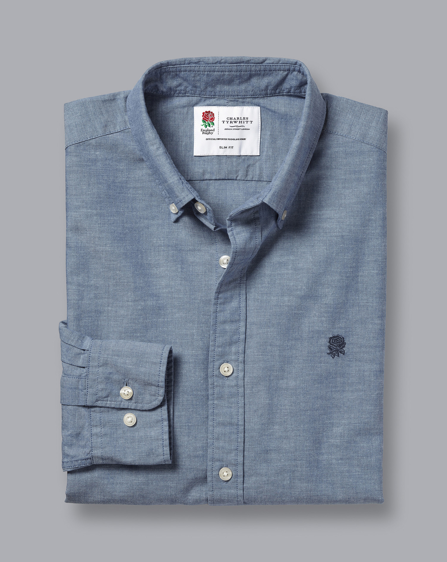 England Rugby Button-Down Collar Chambray Shirt - Mid Blue