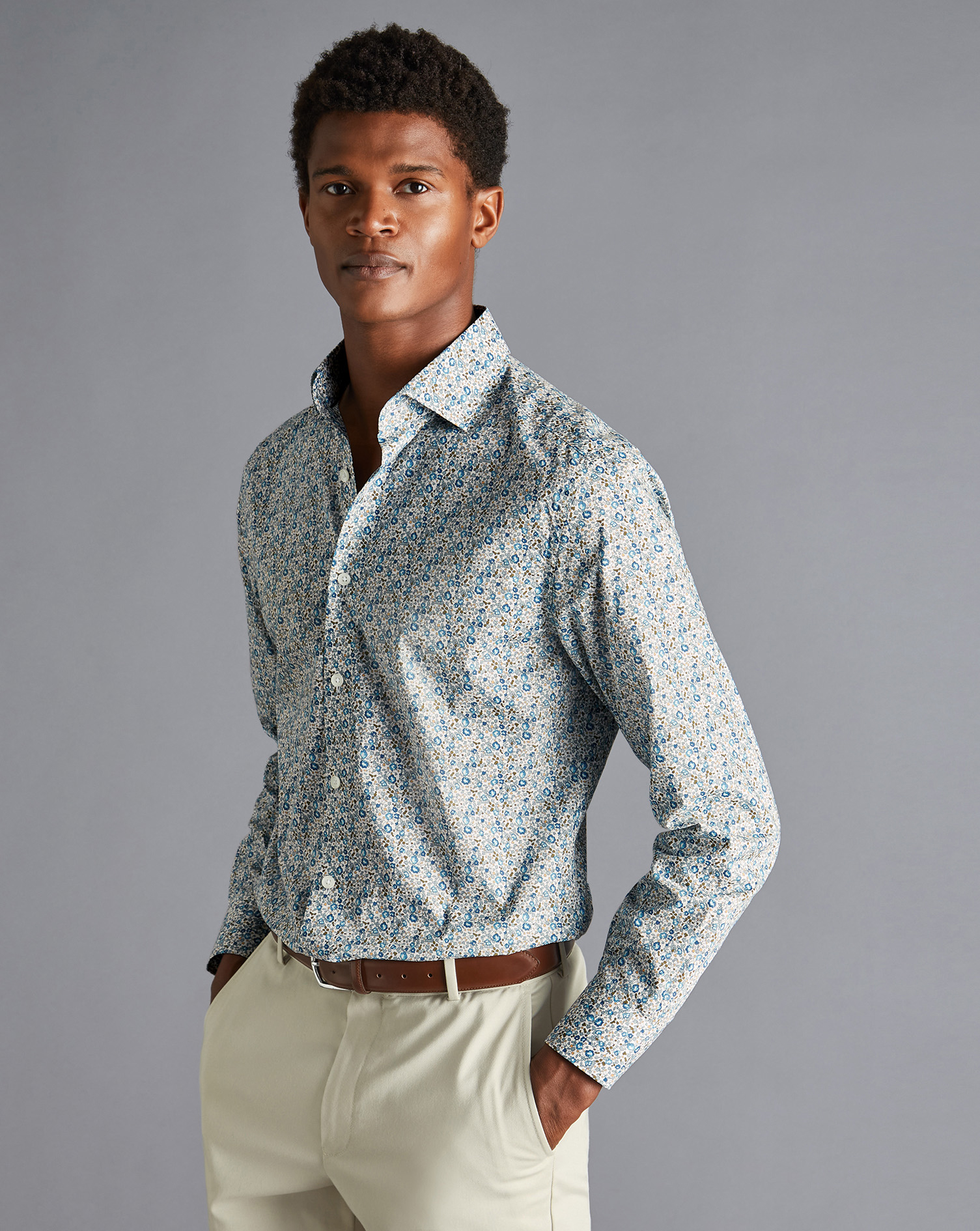 Made with Liberty Fabric Semi-Cutaway Collar Shirt - Steel Blue