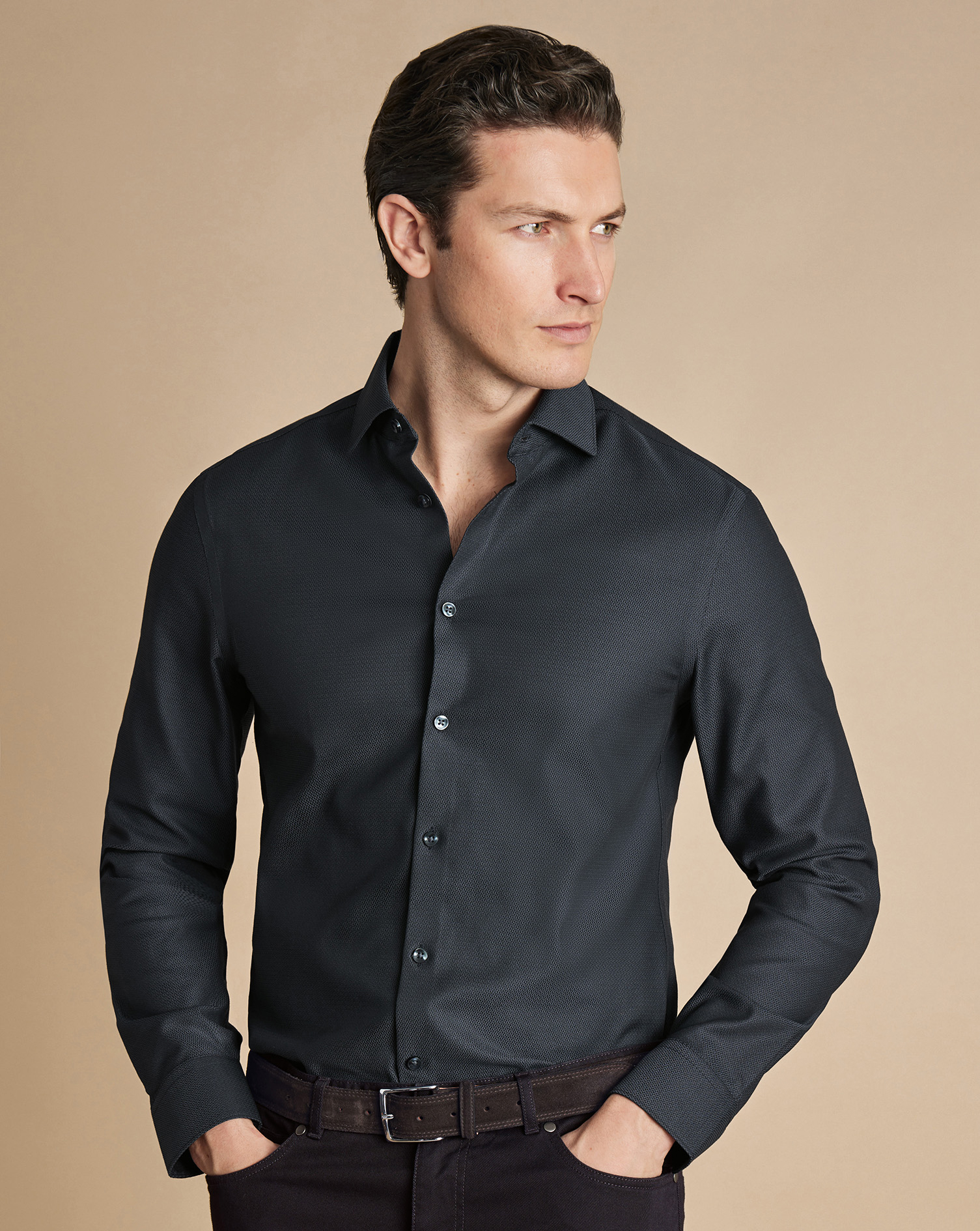 Semi-Cutaway Collar Non-Iron Stretch Texture Shirt - Dark Grey