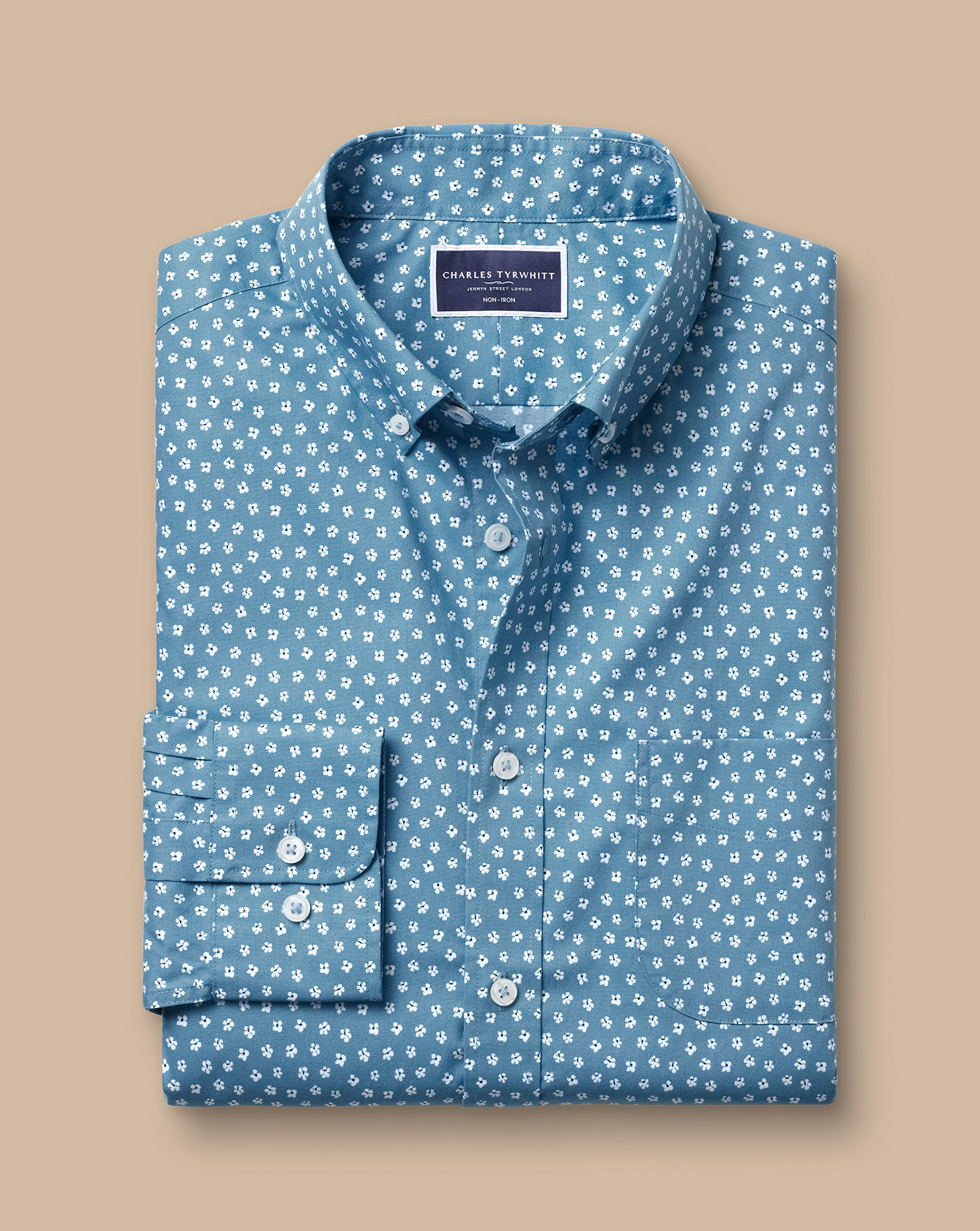 Button-Down Collar Non-Iron Stretch Floral Print Shirt - Mid Blue