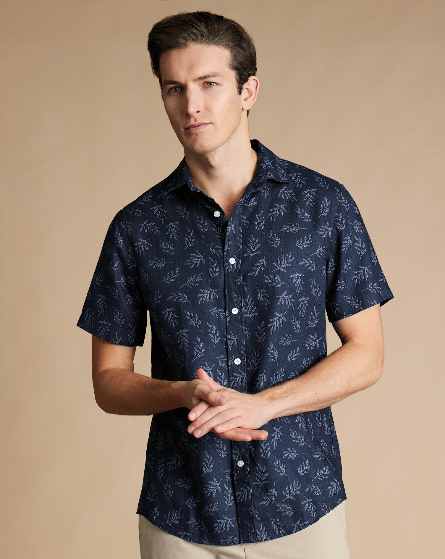 Pure Linen Leaf Print Short Sleeve Shirt - Indigo Blue