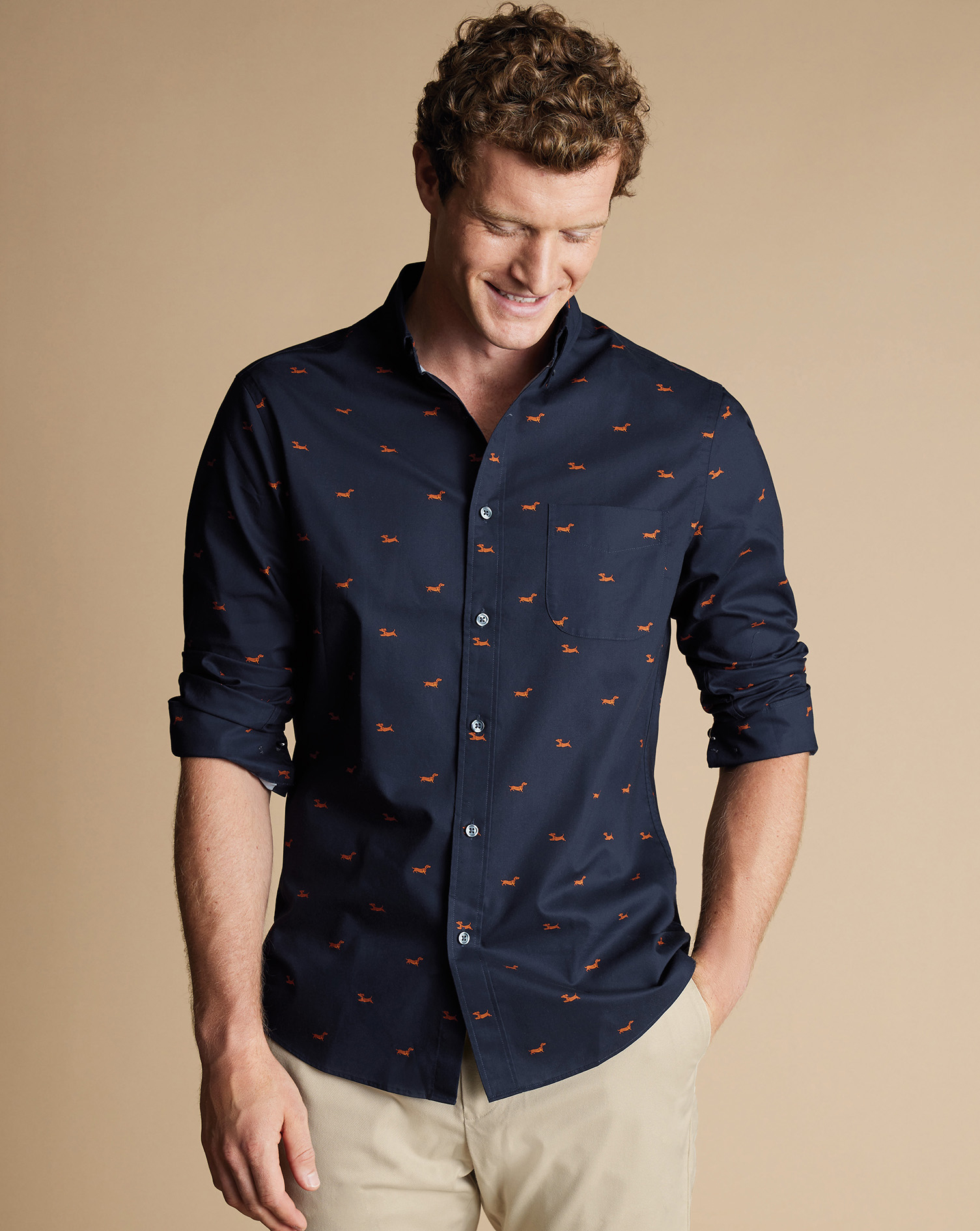 Button-Down Collar Non-Iron Stretch Dog Print Shirt - Navy