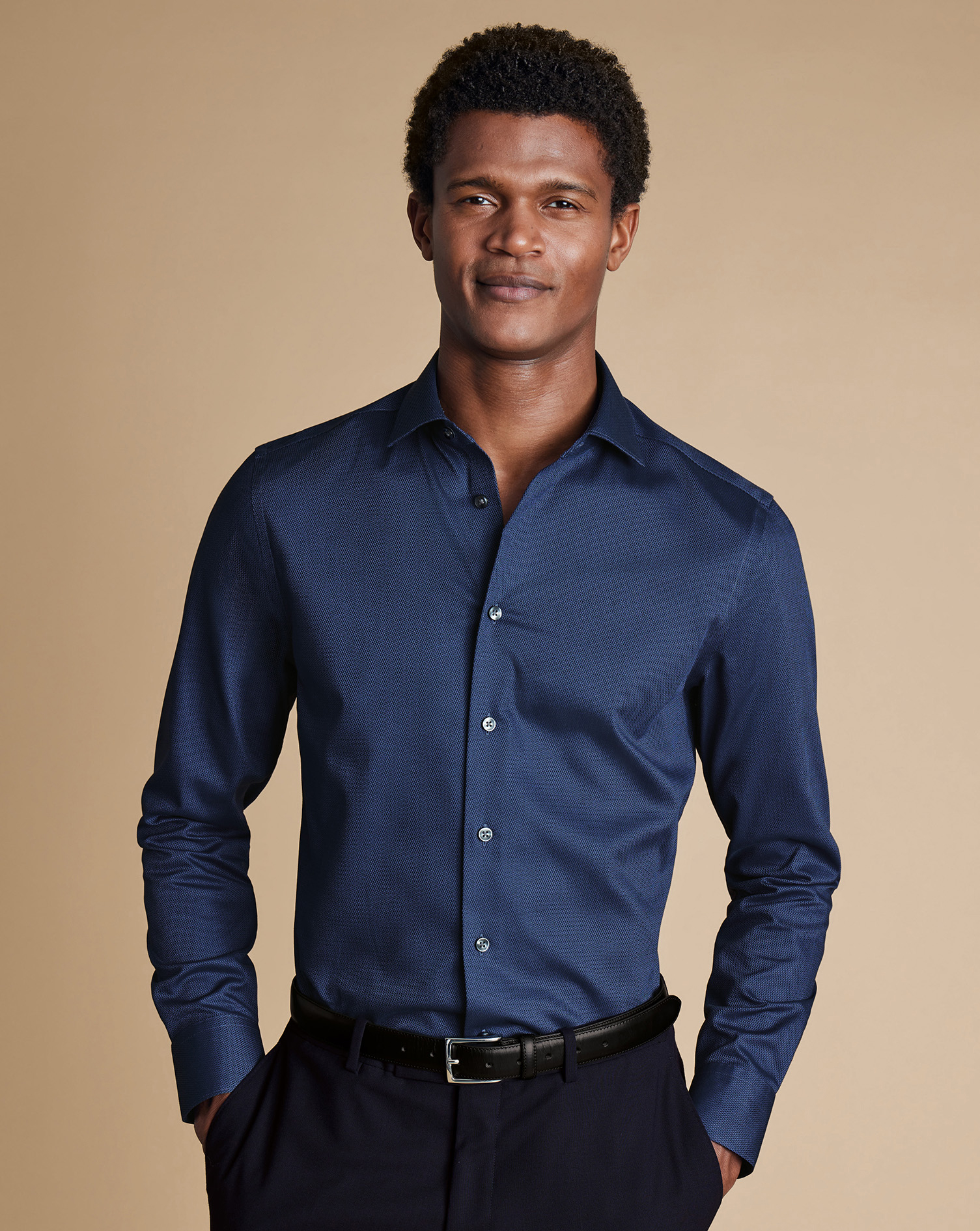 Semi-Cutaway Collar Non-Iron Stretch Texture Shirt - Denim Blue