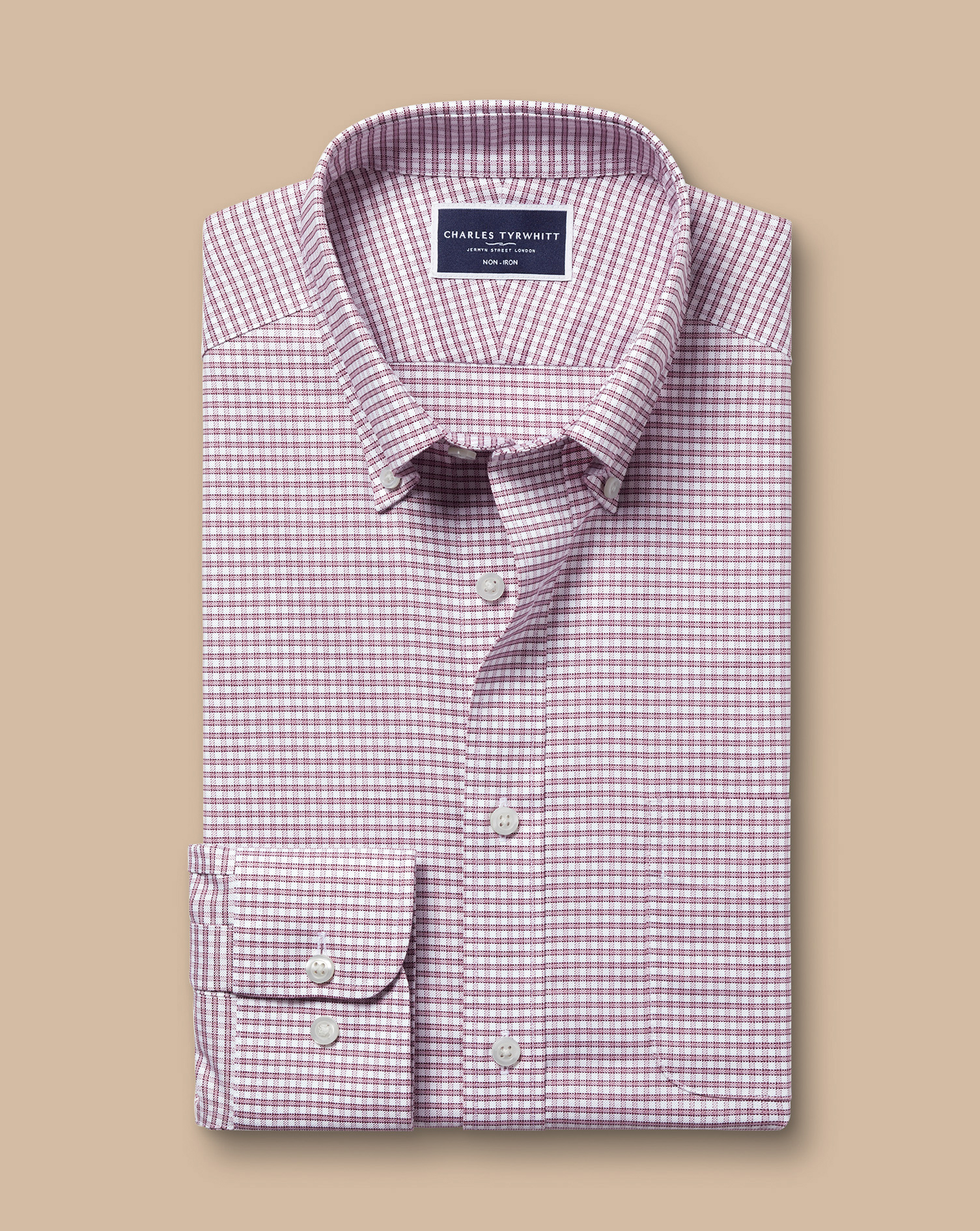 Button-Down Collar Non-Iron Stretch Oxford Check Shirt - Claret Pink