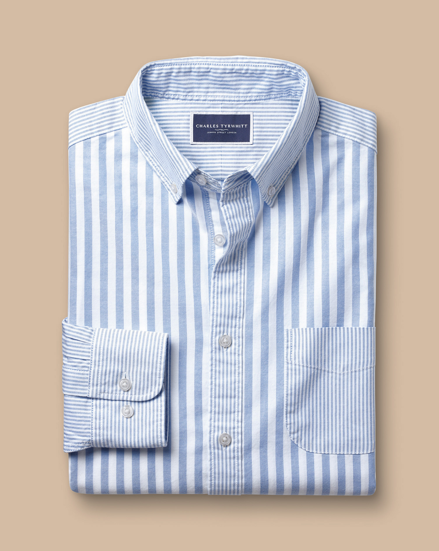 Button-Down Collar Stretch Washed Oxford Stripe Patchwork Shirt - Ocean Blue