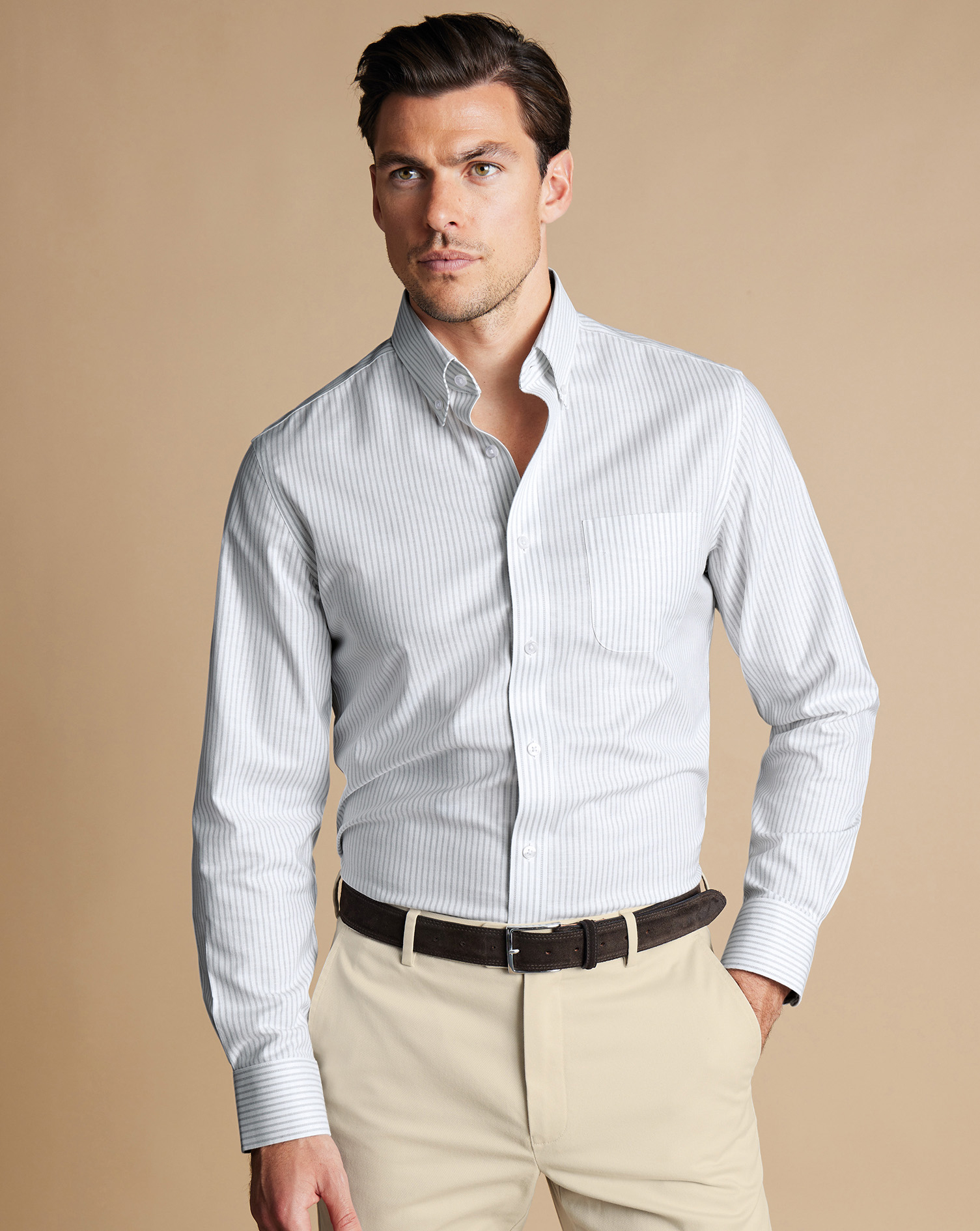 Button-Down Collar Non-Iron Stretch Stripe Oxford Shirt - Silver Grey