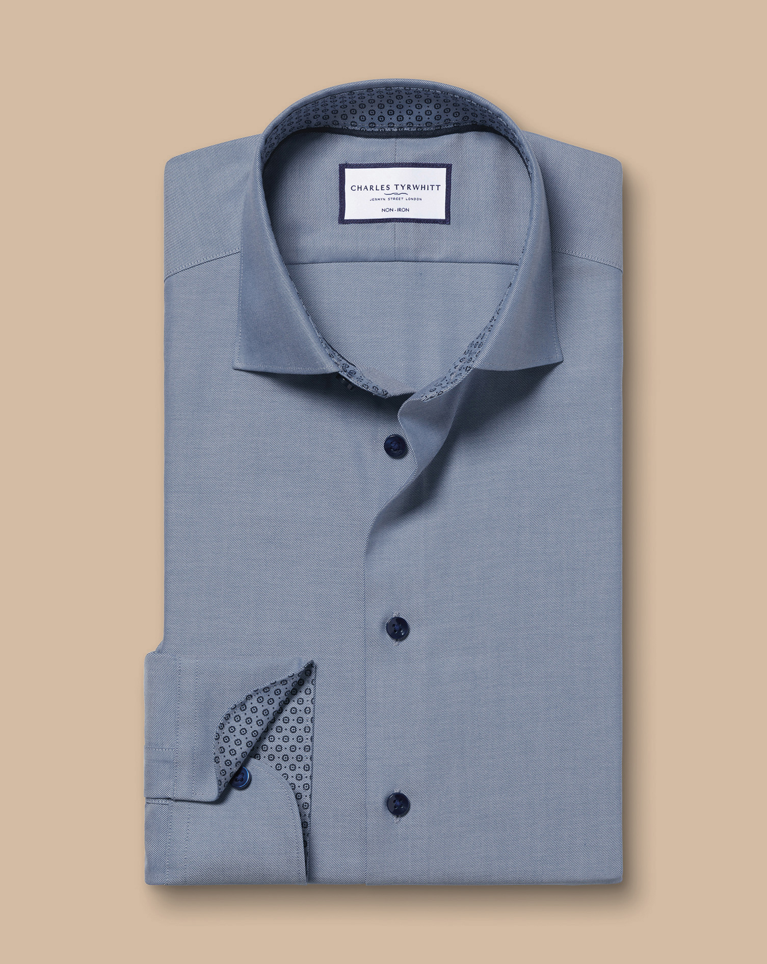 Semi-Cutaway Collar Non-Iron Twill Shirt with Printed Trim - Steel Blue