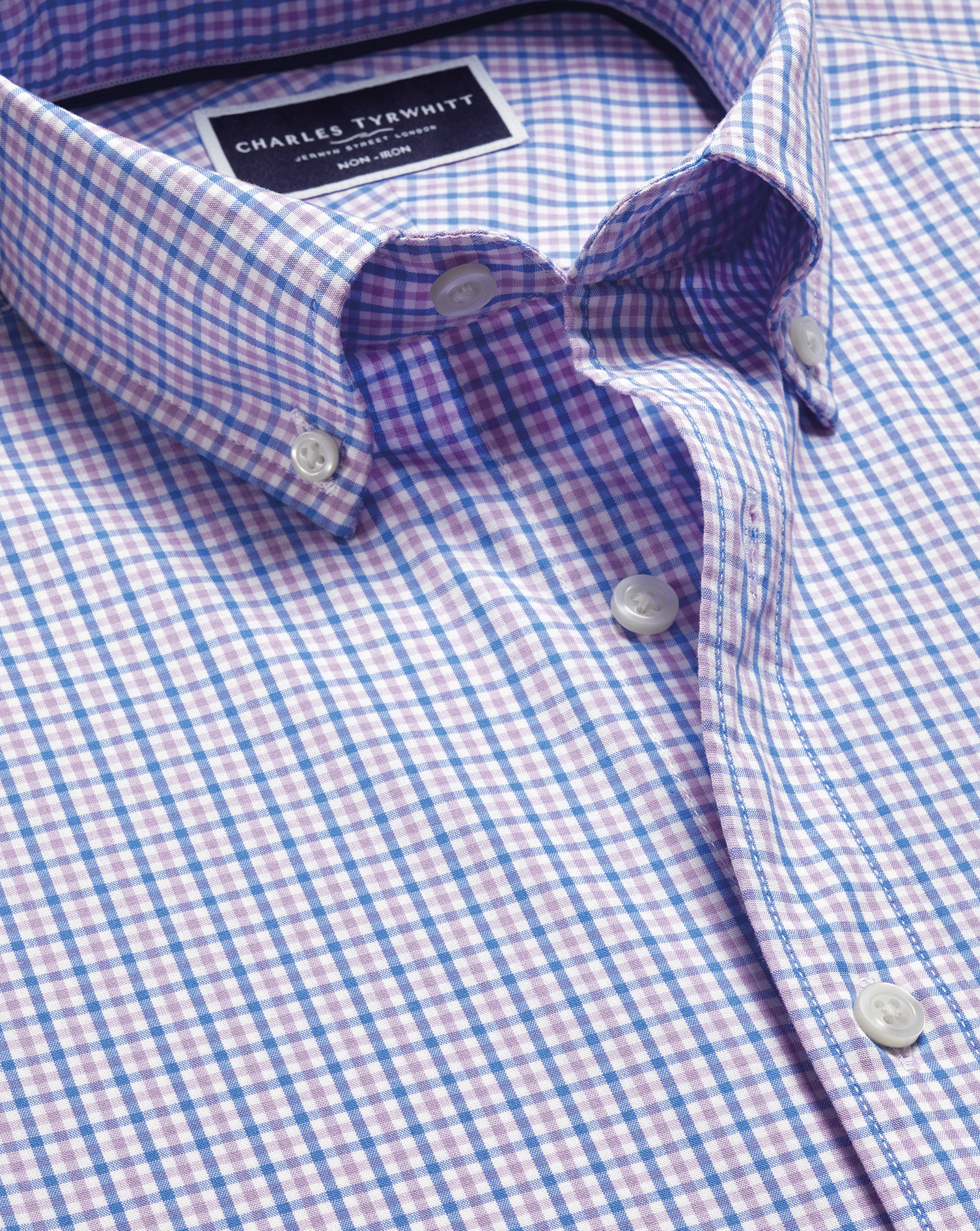 Button-Down Collar Non-Iron Stretch Poplin Mini Gingham Shirt - Lilac Purple & Blue