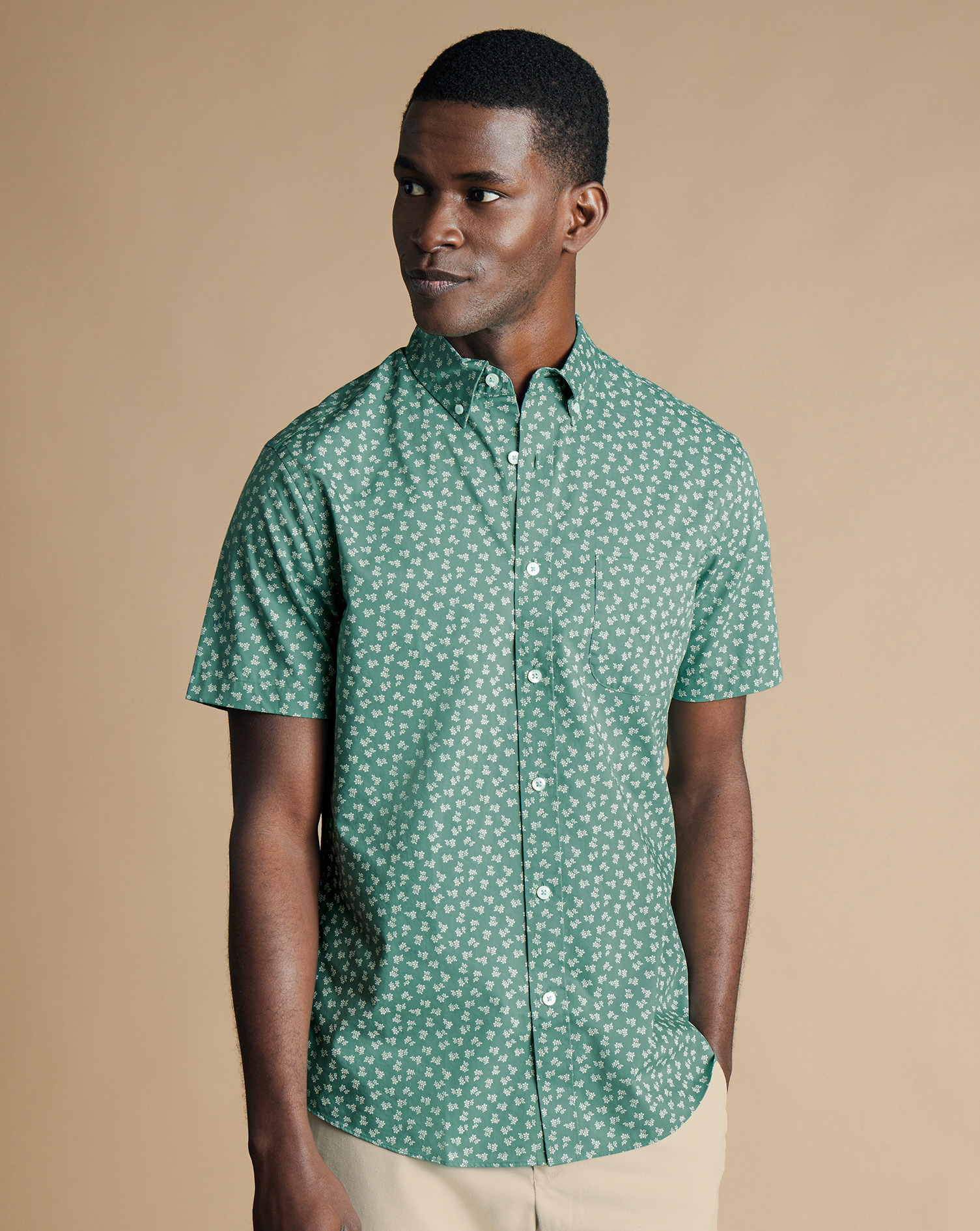 Non-Iron Floral Print Short Sleeve Shirt - Teal Green