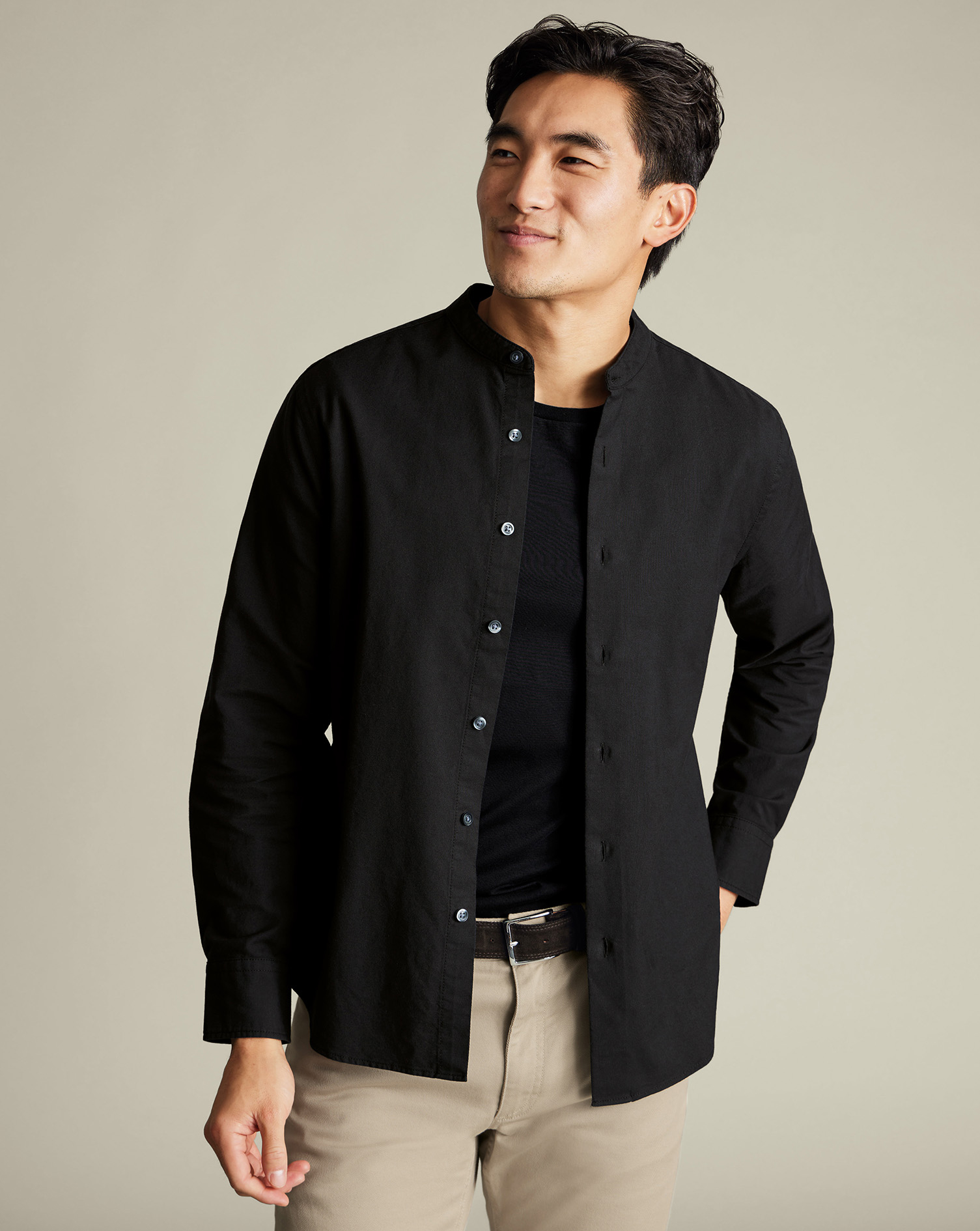 Collarless Stretch Washed Oxford - Black