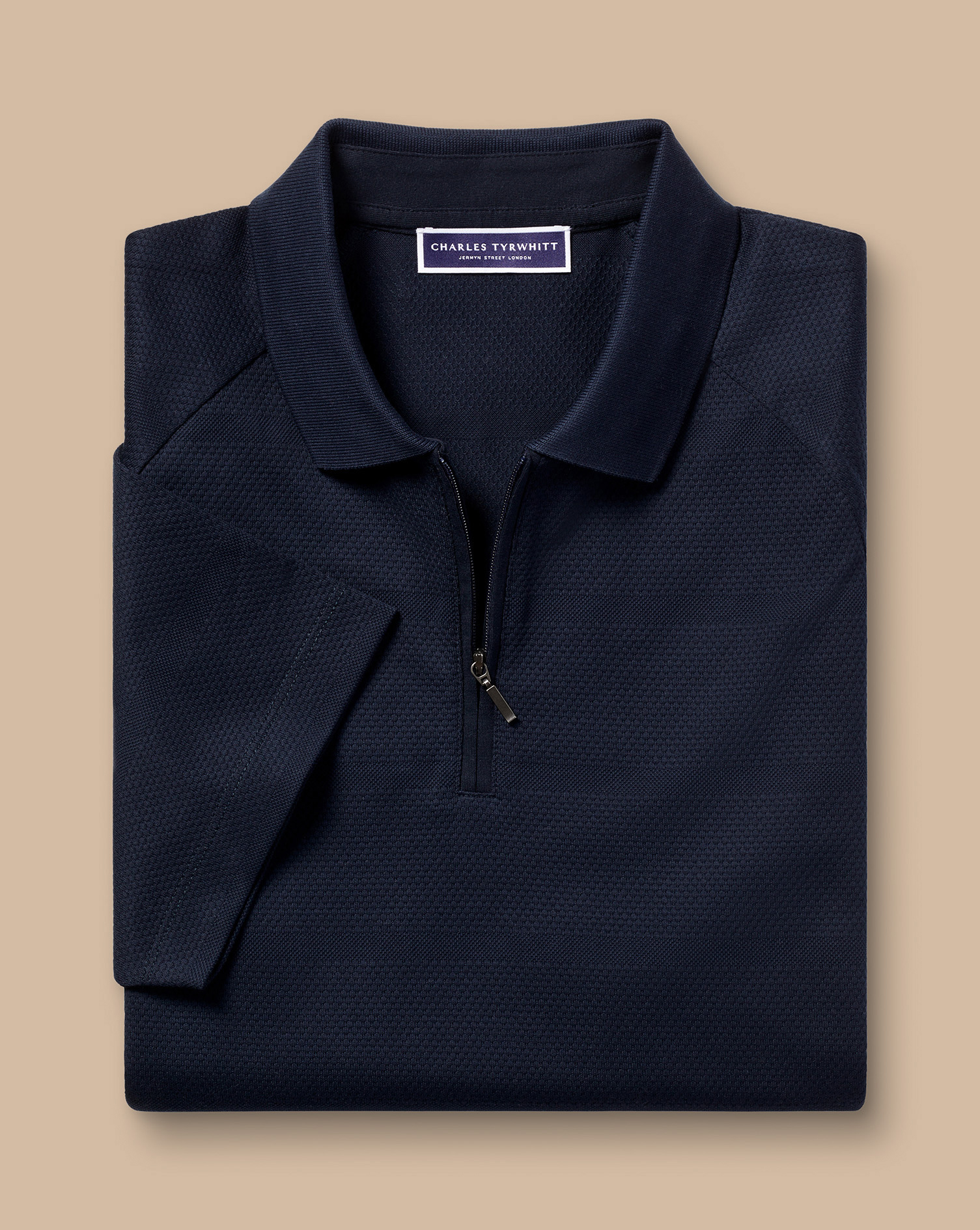 Striped Tyrwhitt Cool Zip-Neck Polo - Navy