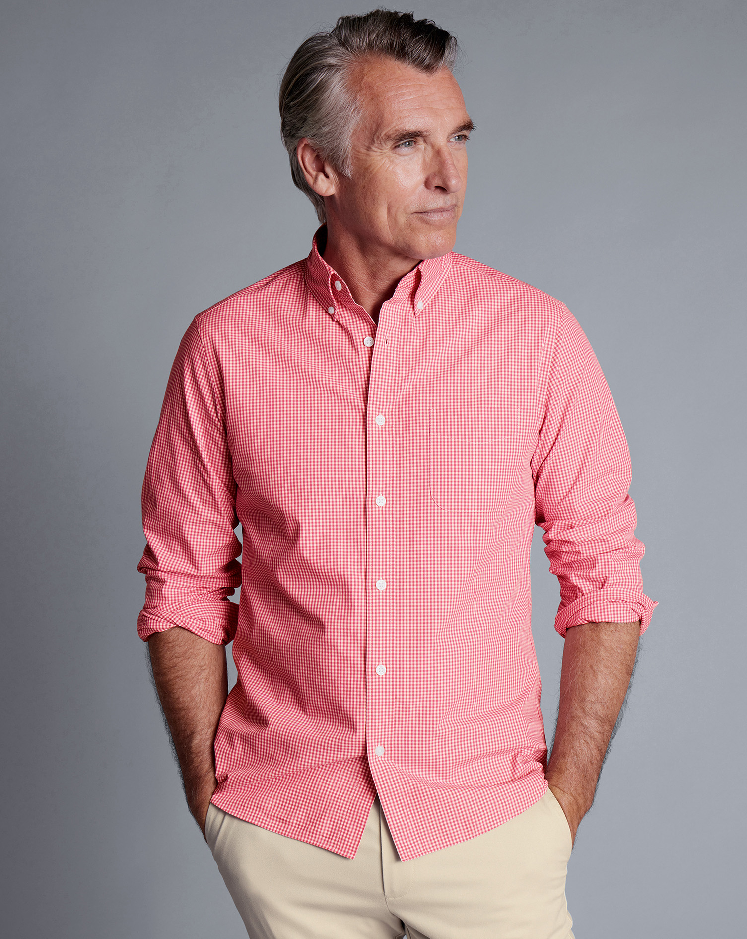 Button-Down Collar Non-Iron Stretch Poplin Mini Gingham Shirt - Bright Pink