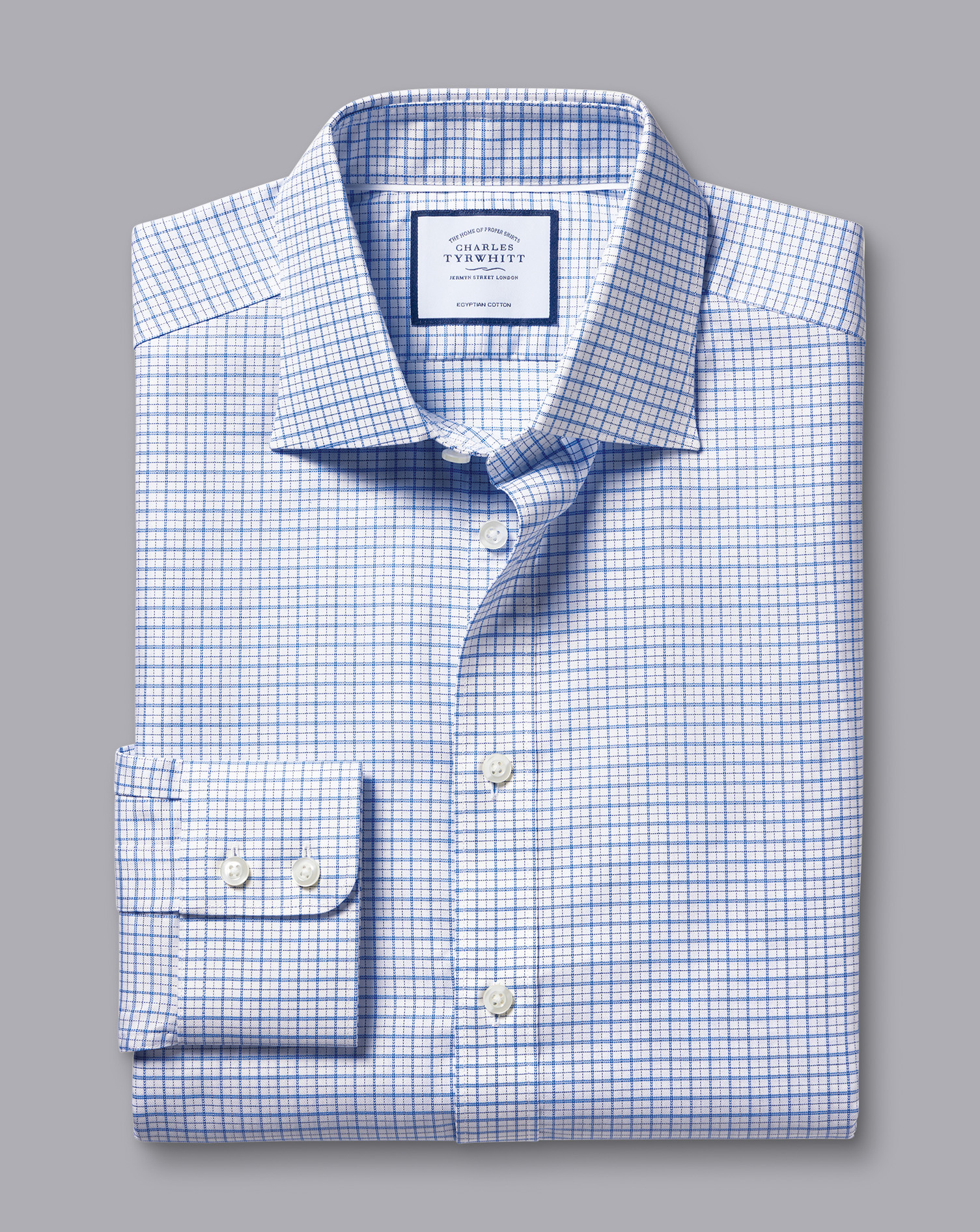 Semi-Cutaway Collar Egyptian Cotton Twill Double Check Shirt - Ocean Blue