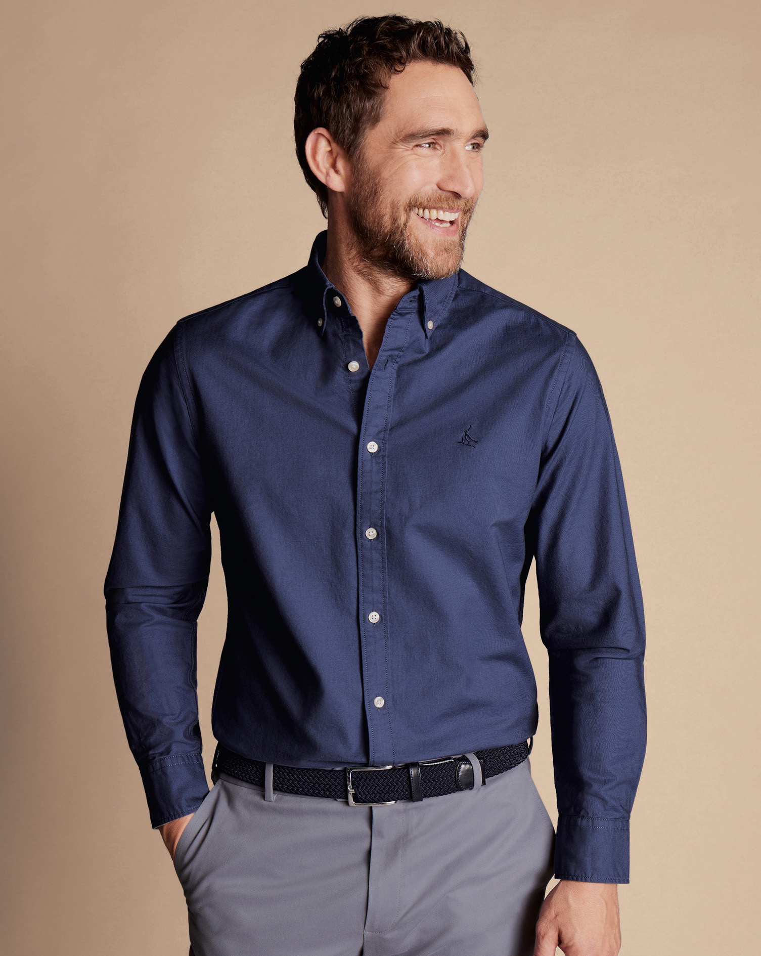 Button-Down Collar Washed Oxford Plain Shirt - Heather Blue