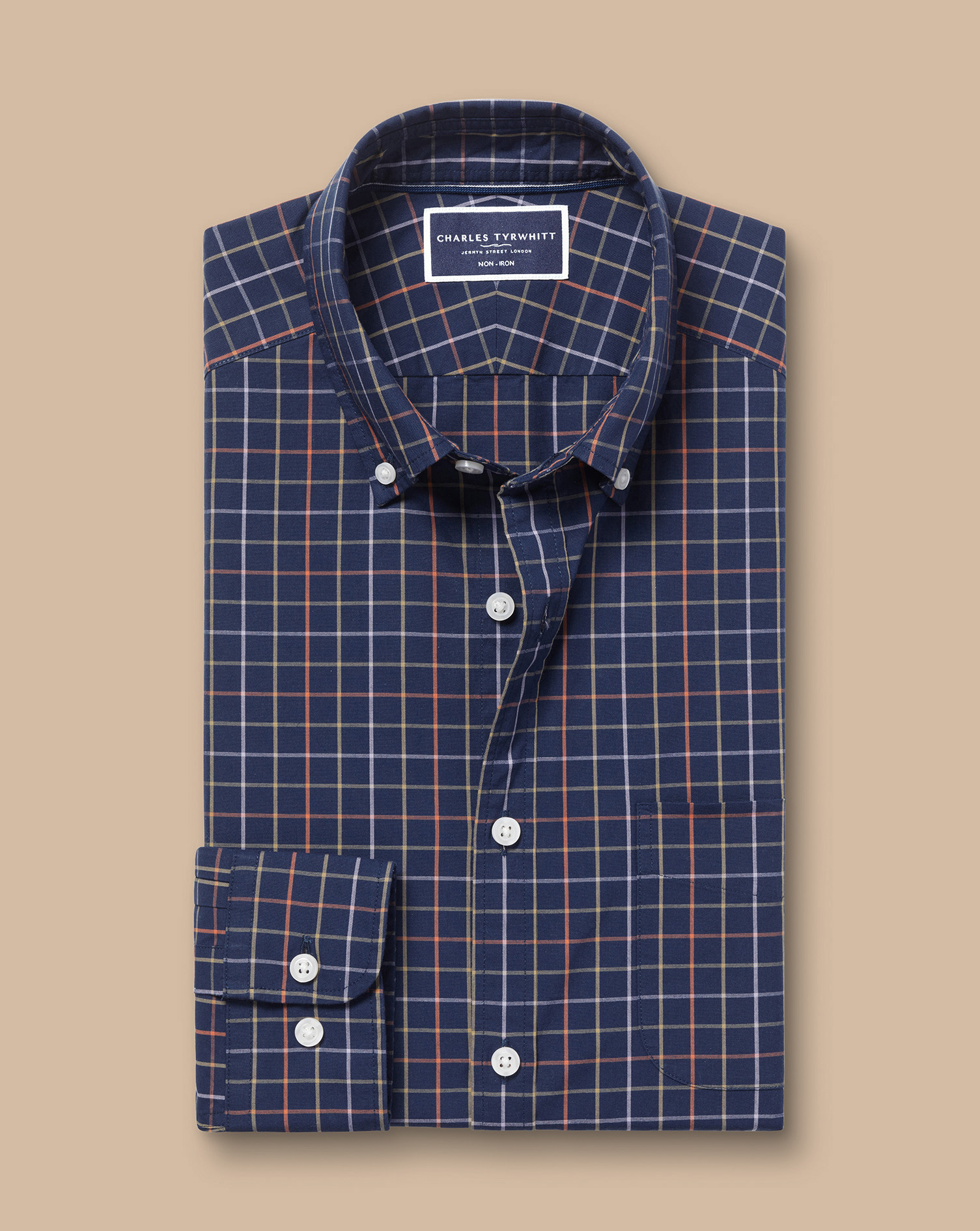 Button-Down Collar Non-Iron Stretch Poplin Grid Check Shirt - Navy