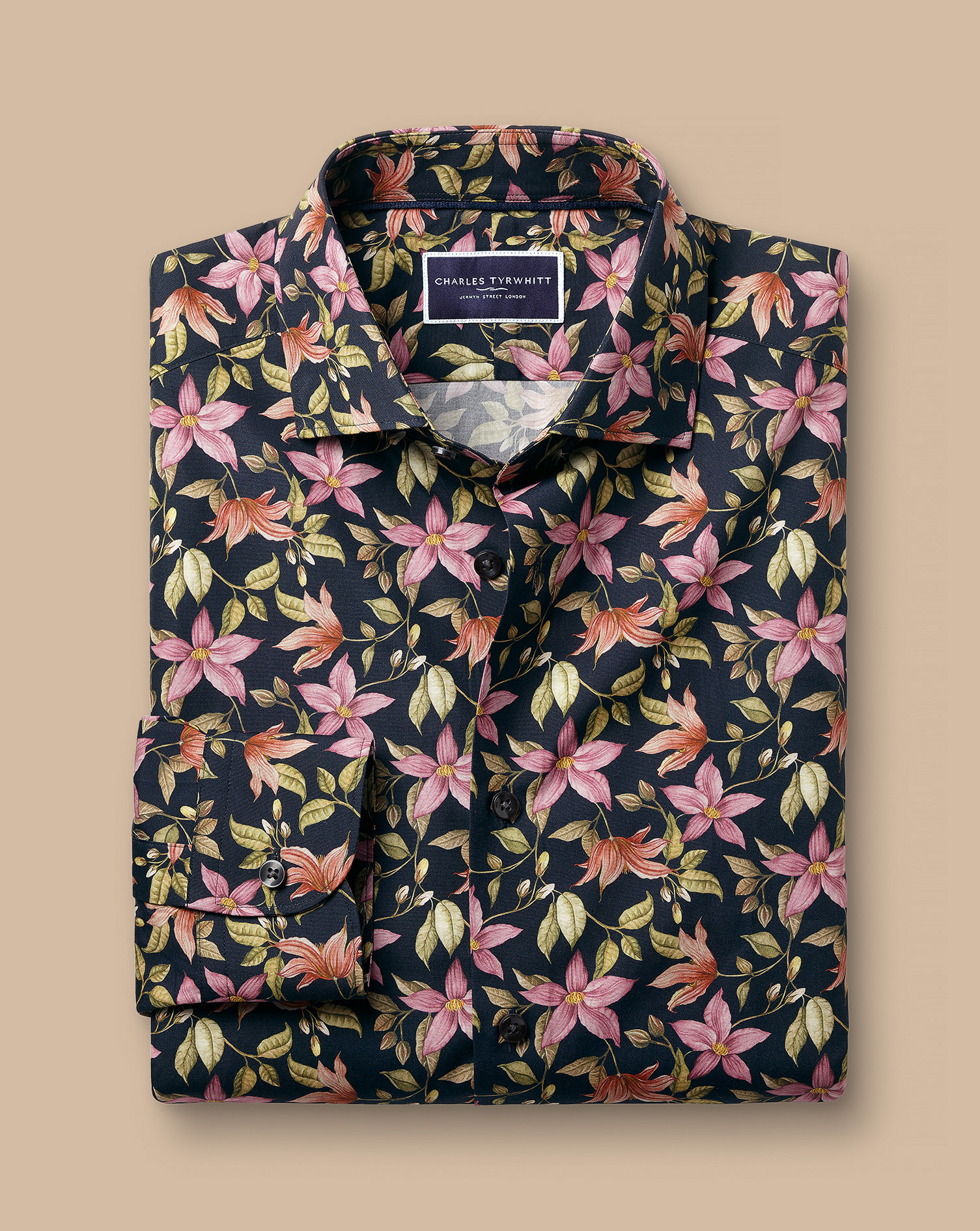 Made with Liberty Fabric Semi-Cutaway Collar Large Floral Print Shirt - Navy