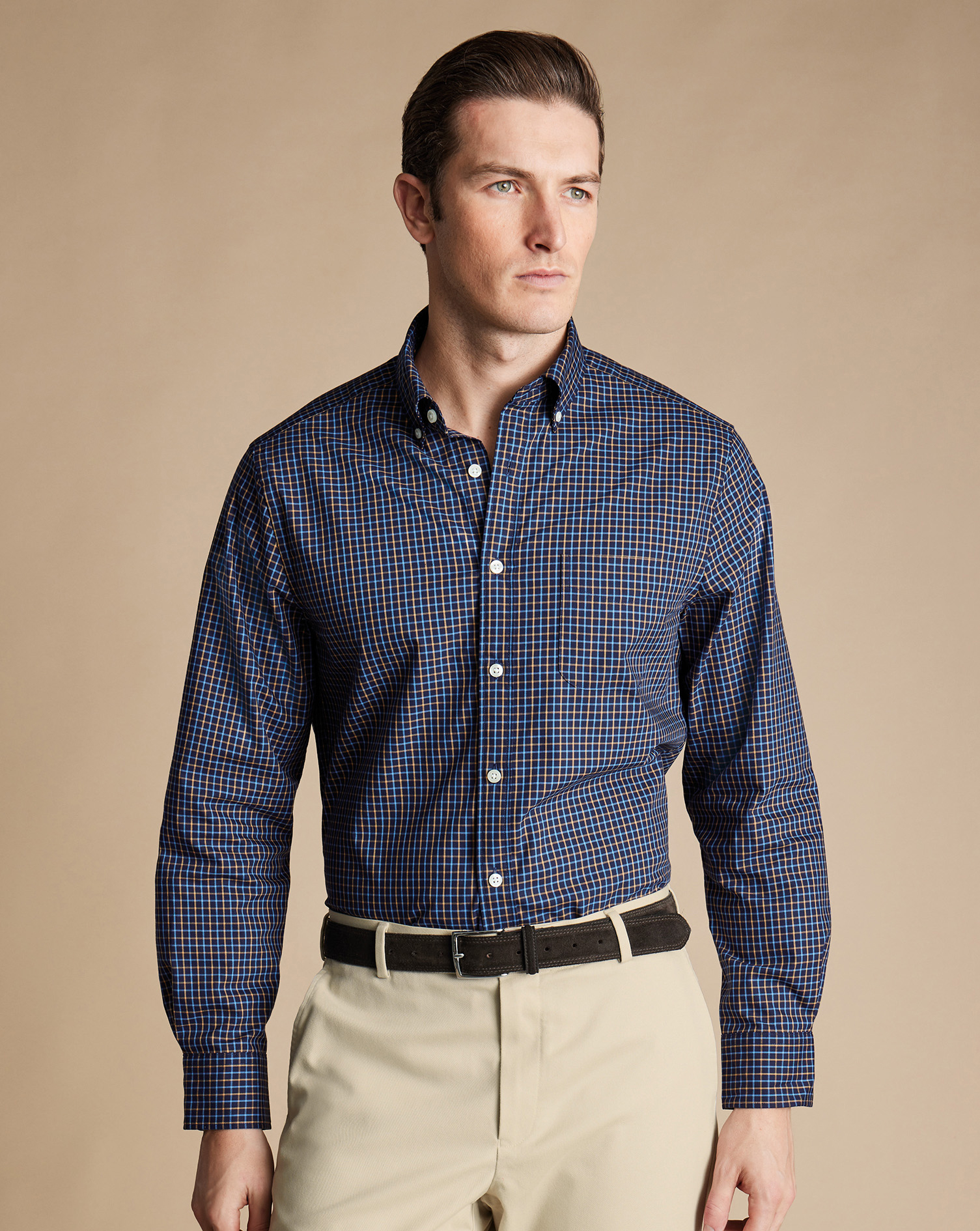 Button-Down Collar Non-Iron Stretch Poplin Fine Line Check Shirt - Navy & Gold