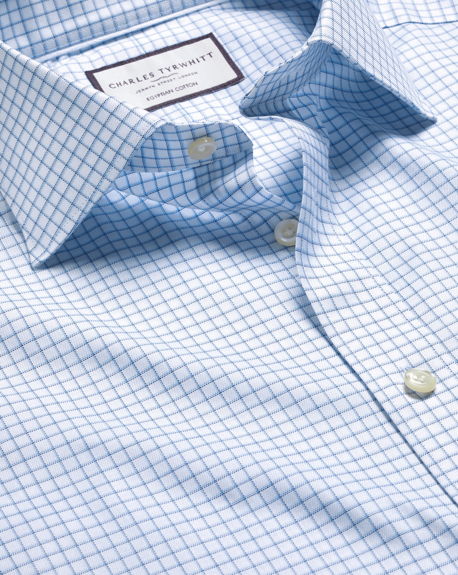 Semi-Cutaway Collar Egyptian Cotton Check Shirt - Ocean Blue