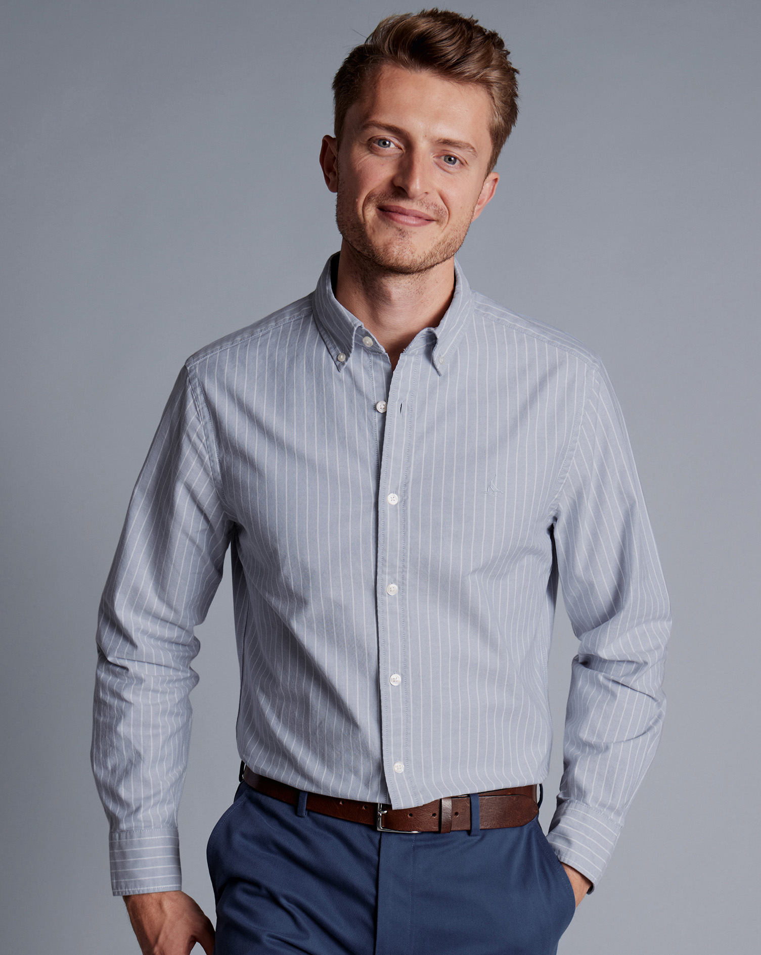 Button-Down Collar Washed Oxford Butchers Stripe Shirt - Steel Blue