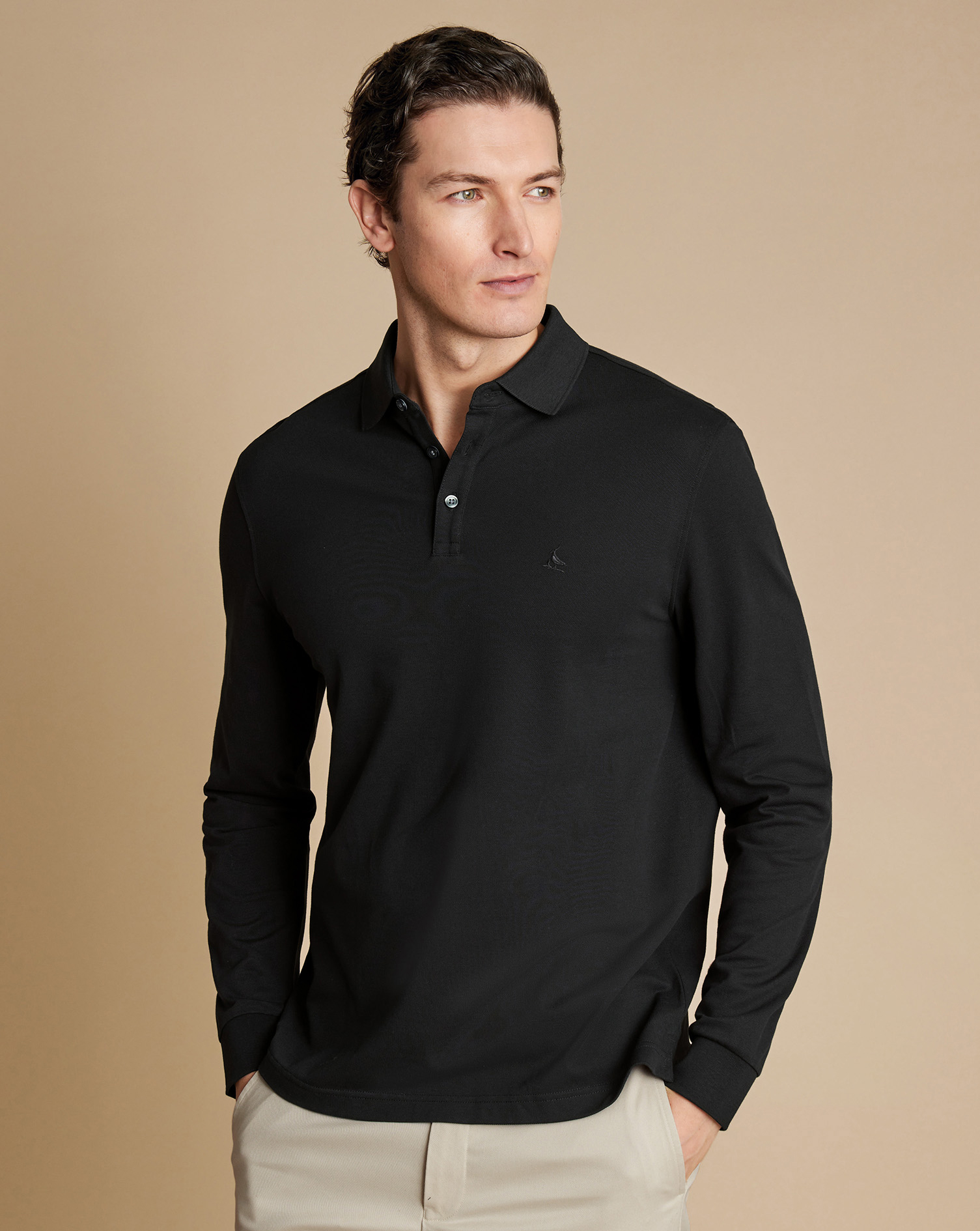 Long Sleeve Tyrwhitt Pique Polo - Black