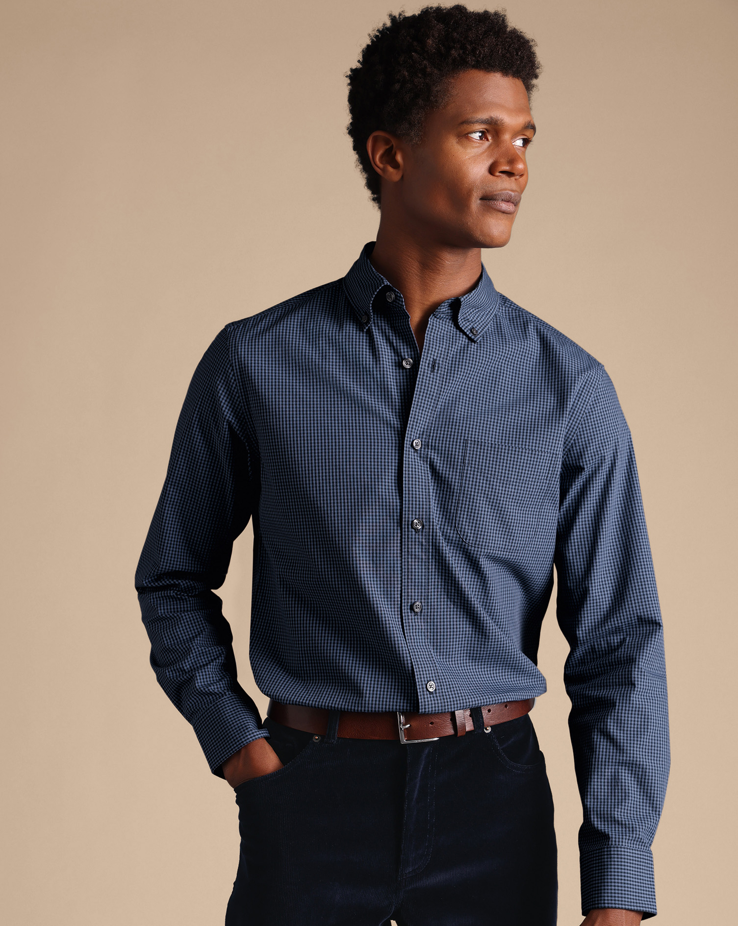 Button-Down Collar Non-Iron Stretch Poplin Mini Gingham Shirt - Indigo Blue