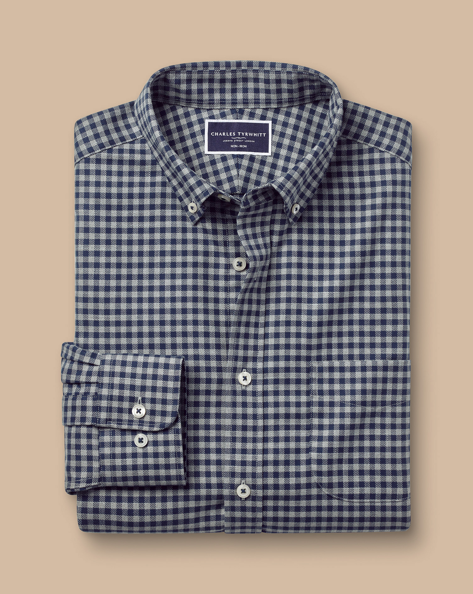 Button-Down Collar Non-Iron Twill Gingham Shirt - Grey