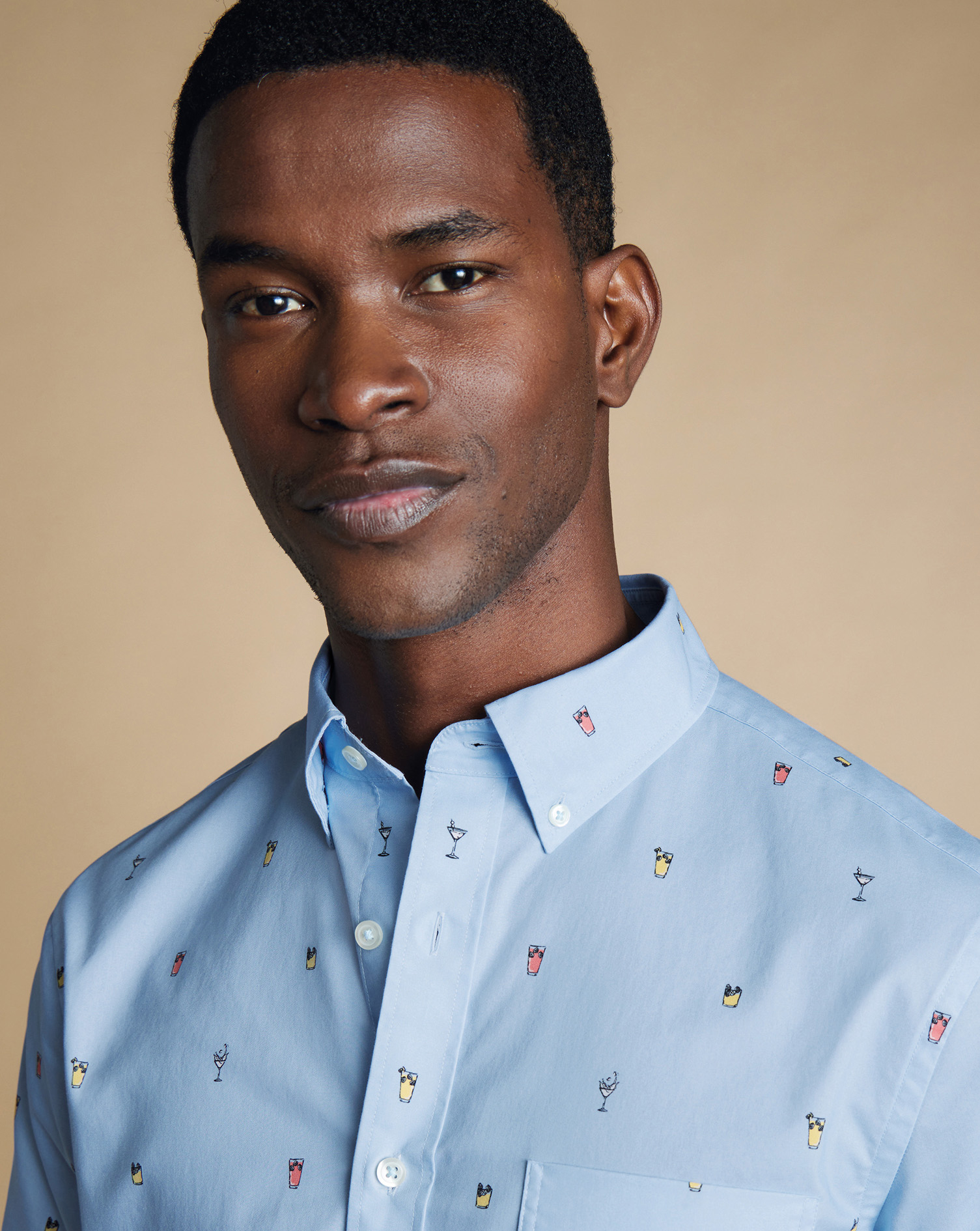 Non-Iron Cocktail Print Short Sleeve Shirt - Sky Blue