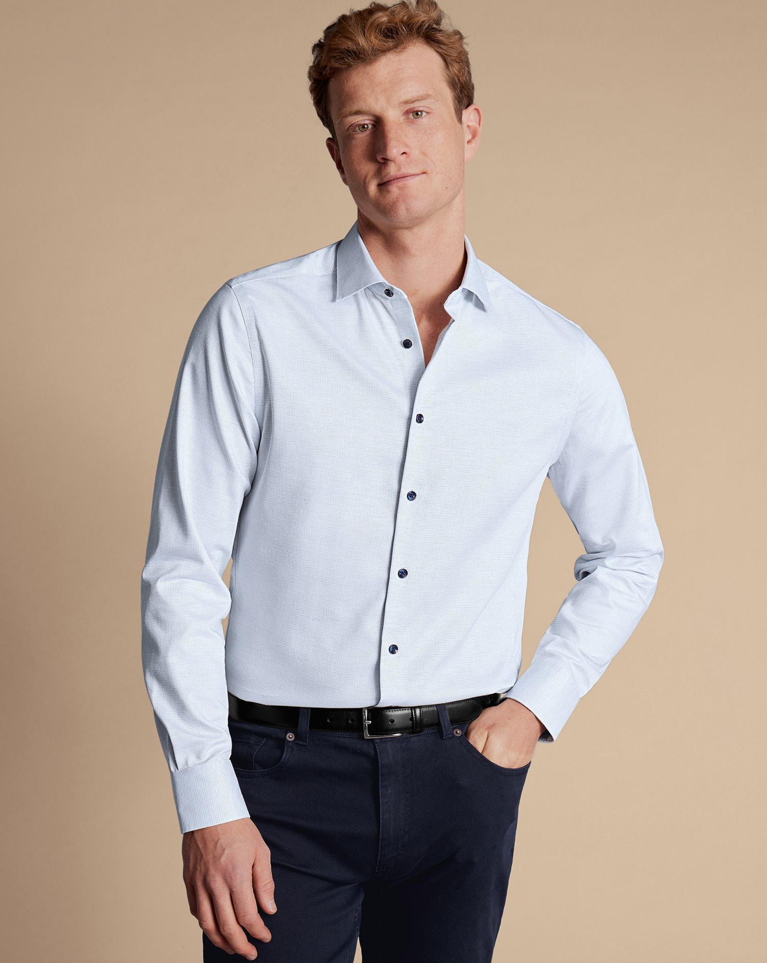 Semi-Cutaway Collar Non-Iron Dot Stretch Texture Shirt - White