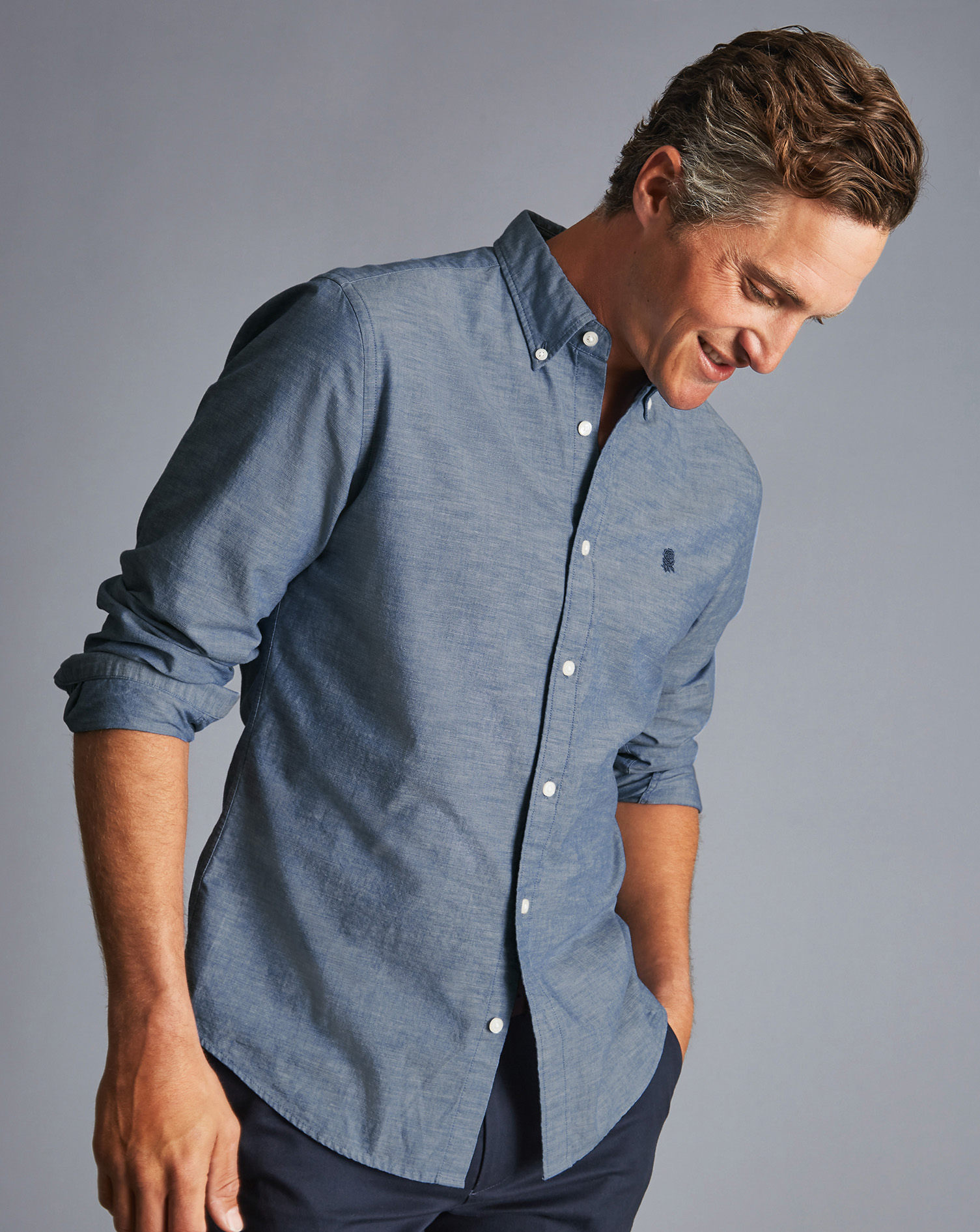 England Rugby Button-Down Collar Chambray Shirt - Mid Blue