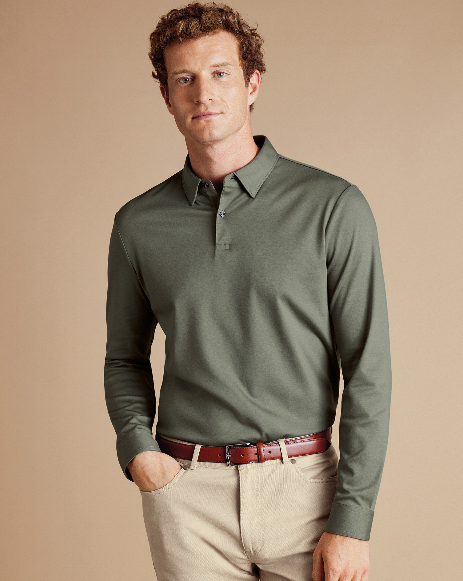 Long Sleeve Smart Jersey Polo - Sage Green