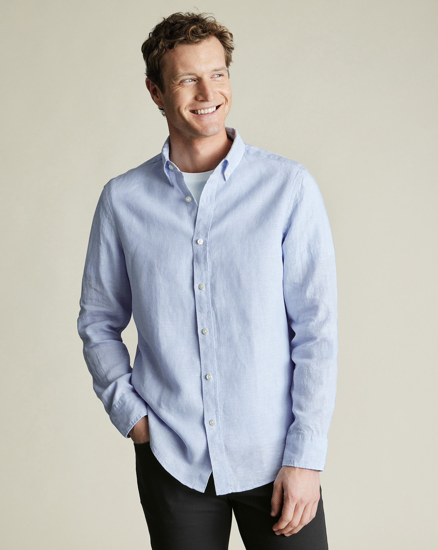 Button-Down Pure Linen Shirt - Sky Blue