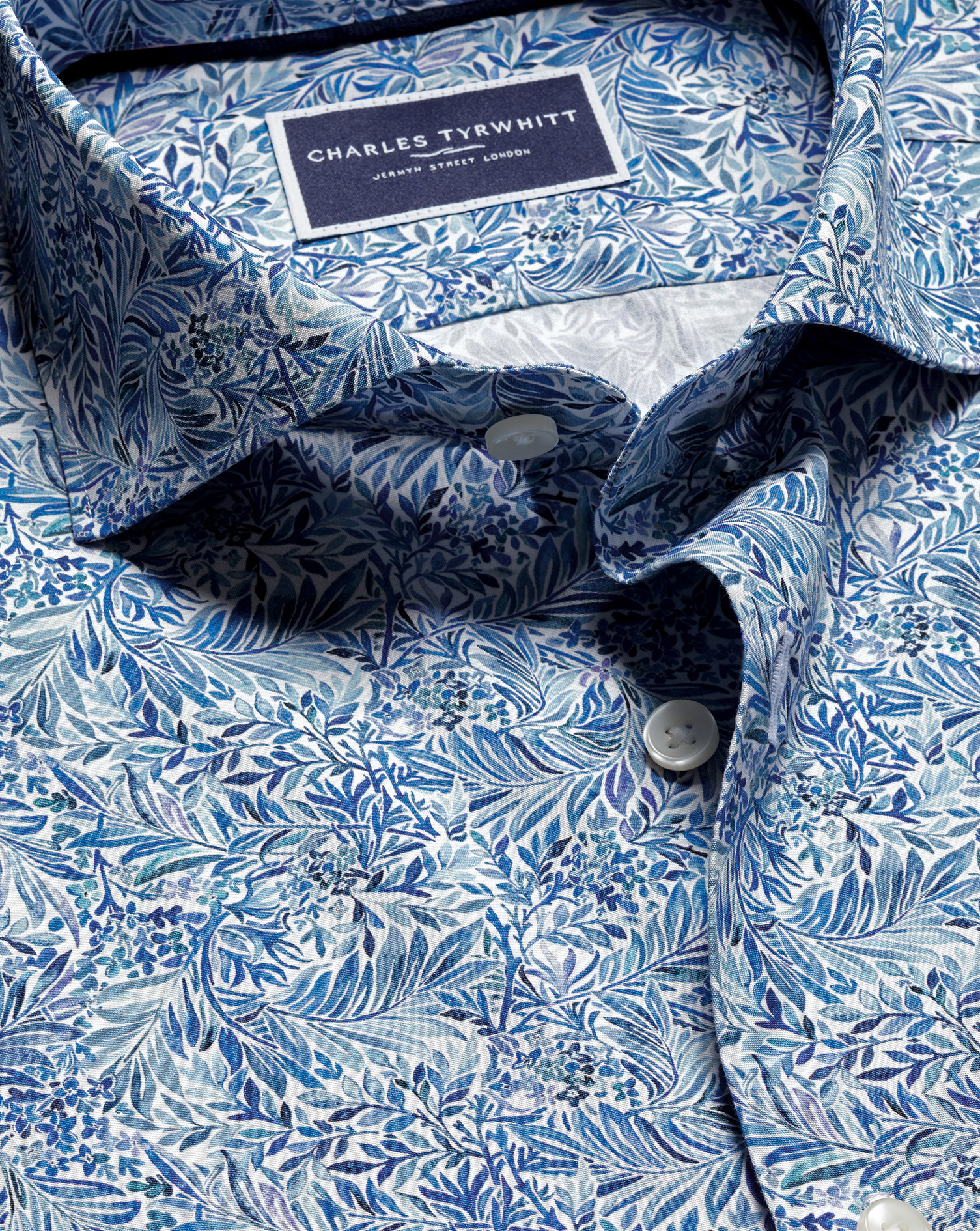 Made with Liberty Fabric Semi-Cutaway Linear Print Shirt - Cobalt Blue