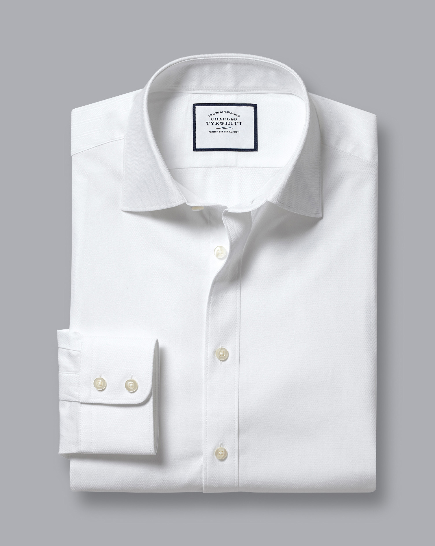 Semi-Cutaway Collar Herringbone Shirt - White