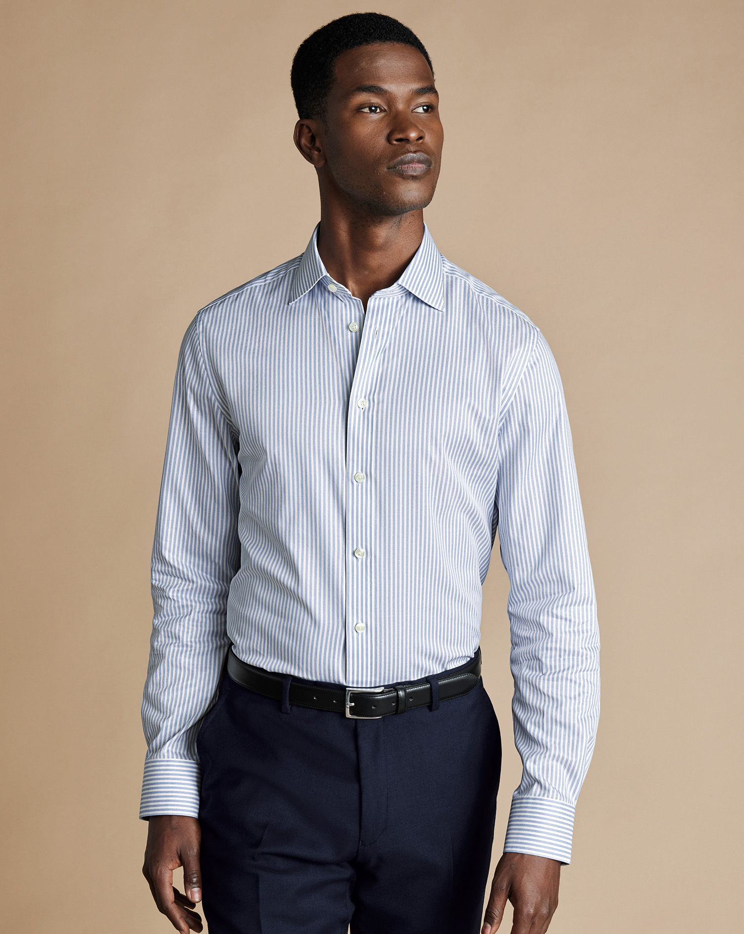 Semi-Cutaway Collar Egyptian Cotton Stripe Shirt - Sky Blue