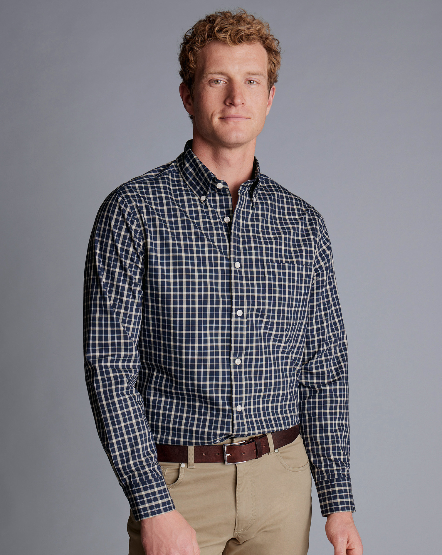 Button-Down Collar Non-Iron Stretch Poplin Check Shirt - Navy