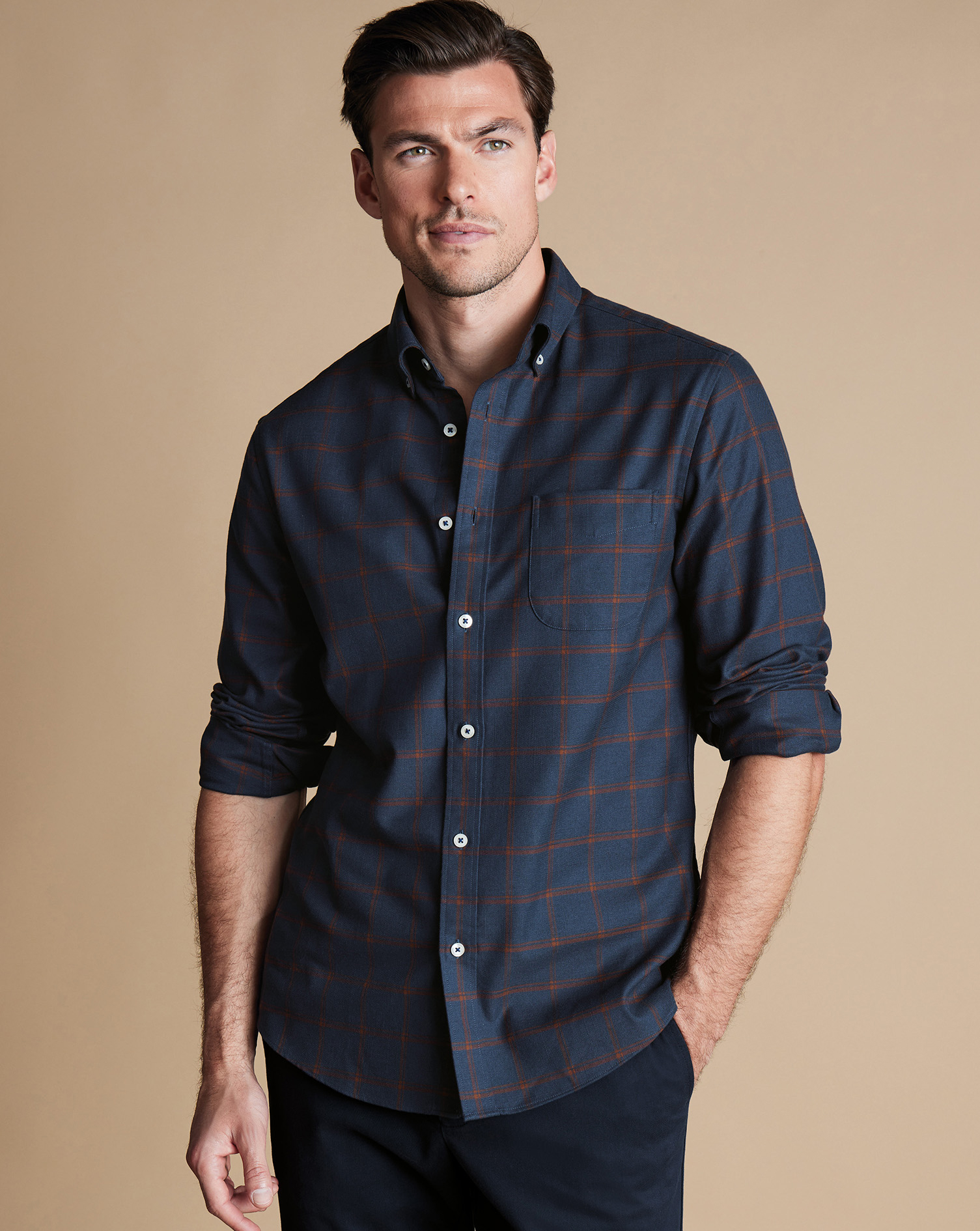 Button-Down Collar Non-Iron Twill Windowpane Check Shirt - Rust & Navy