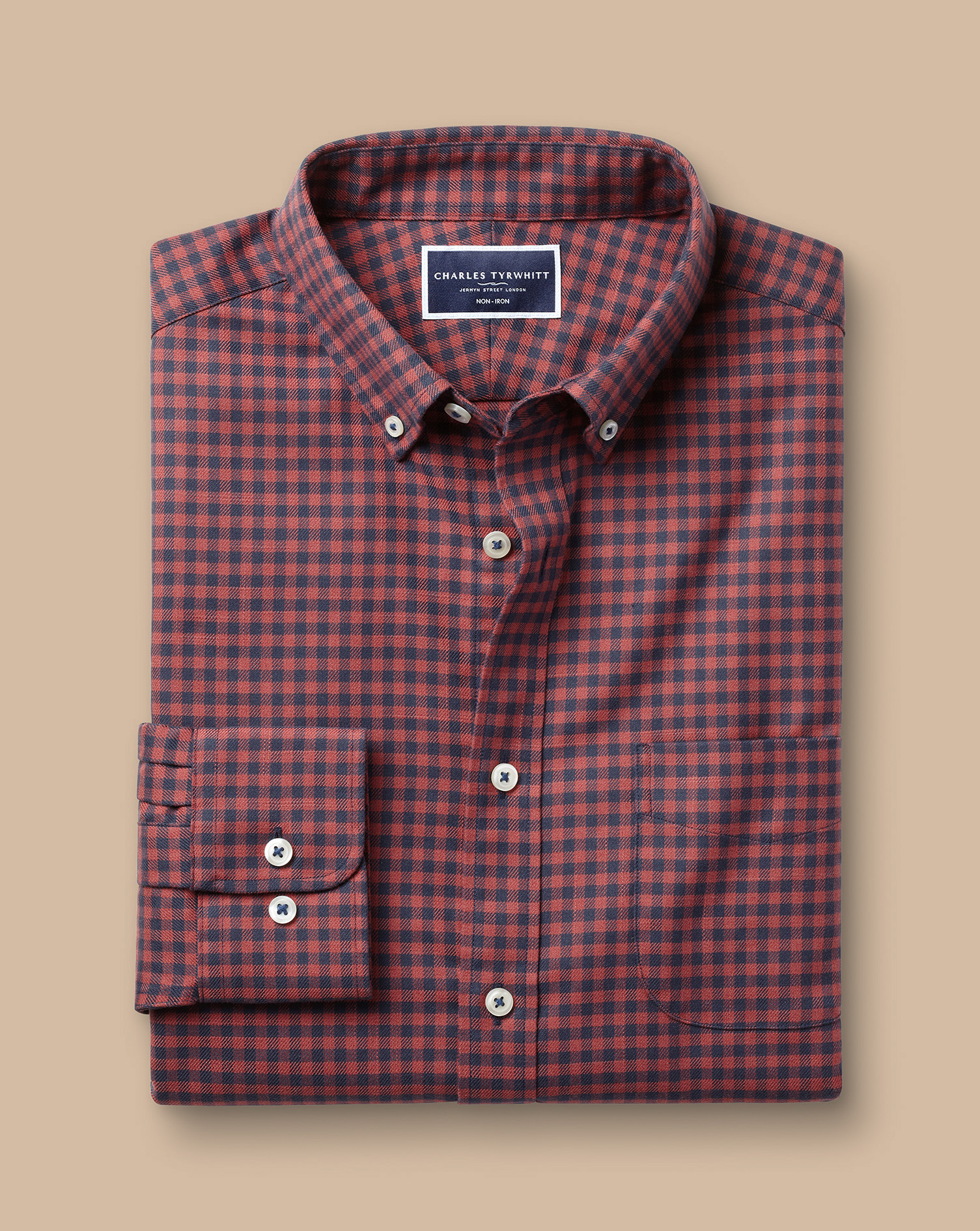 Button-Down Collar Non-Iron Twill Gingham Shirt - Salmon Pink