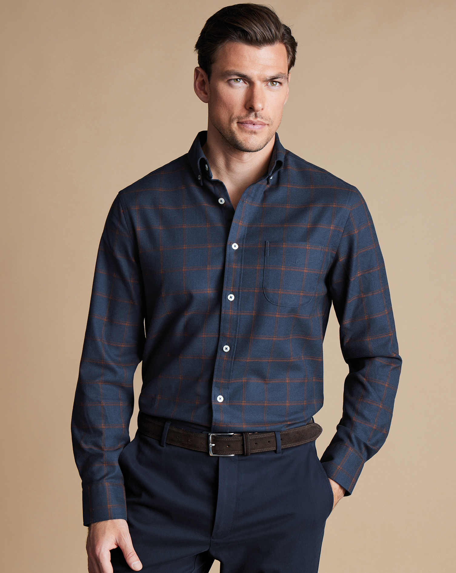 Button-Down Collar Non-Iron Twill Windowpane Check Shirt - Rust & Navy