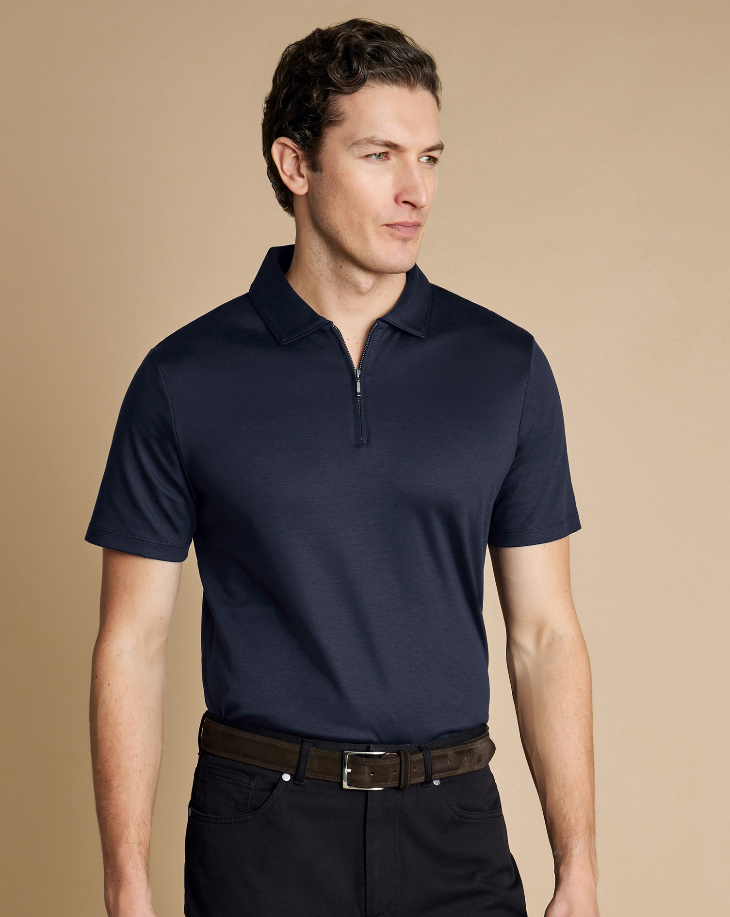 Zip-Neck Jersey Polo - Navy