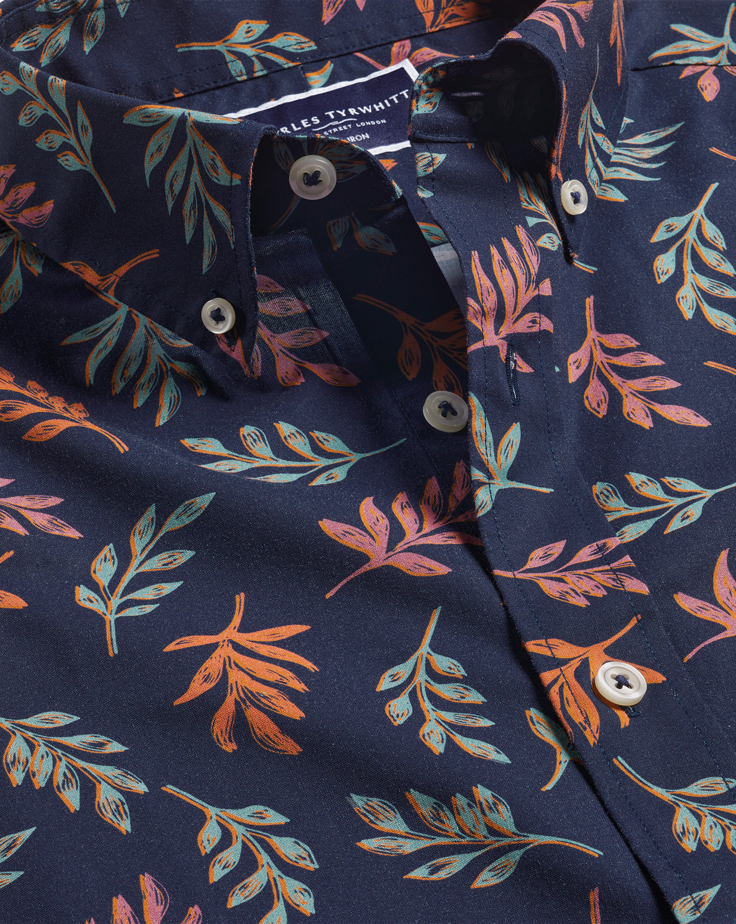 Non-Iron Leaf Print Short Sleeve Shirt - Navy