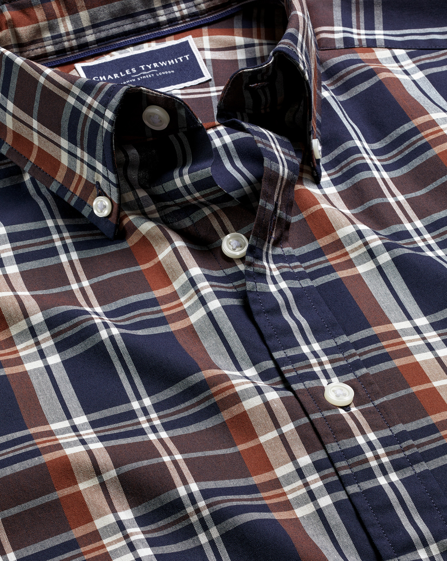 Button-Down Collar Non-Iron Stretch Poplin Plaid Check Shirt - Rust