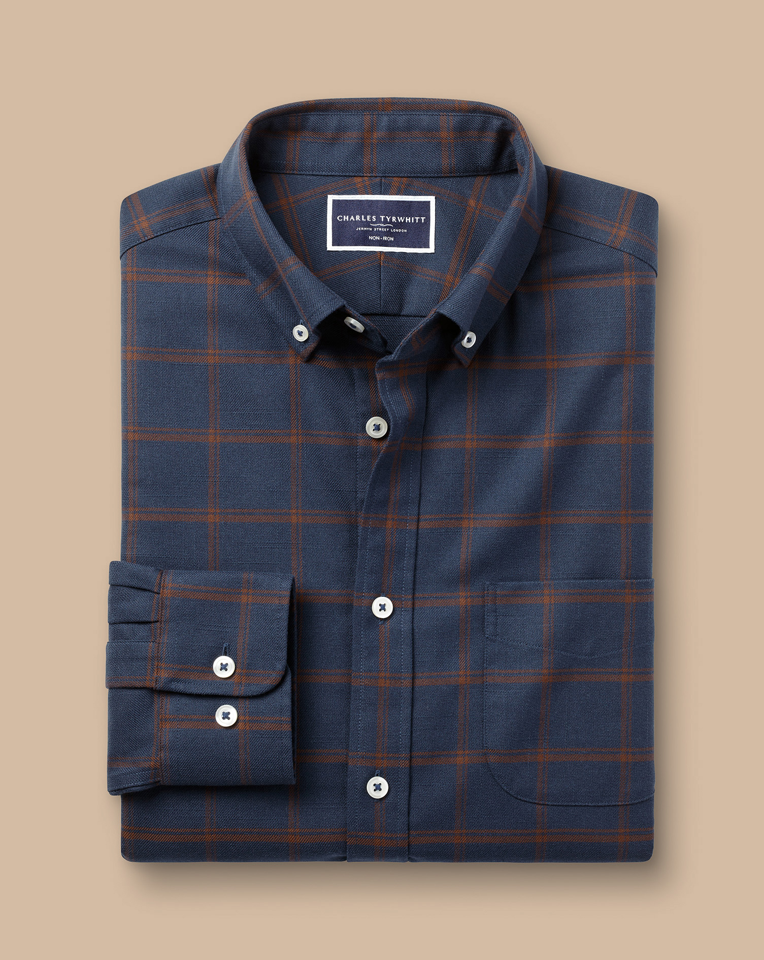 Button-Down Collar Non-Iron Twill Windowpane Check Shirt - Rust & Navy