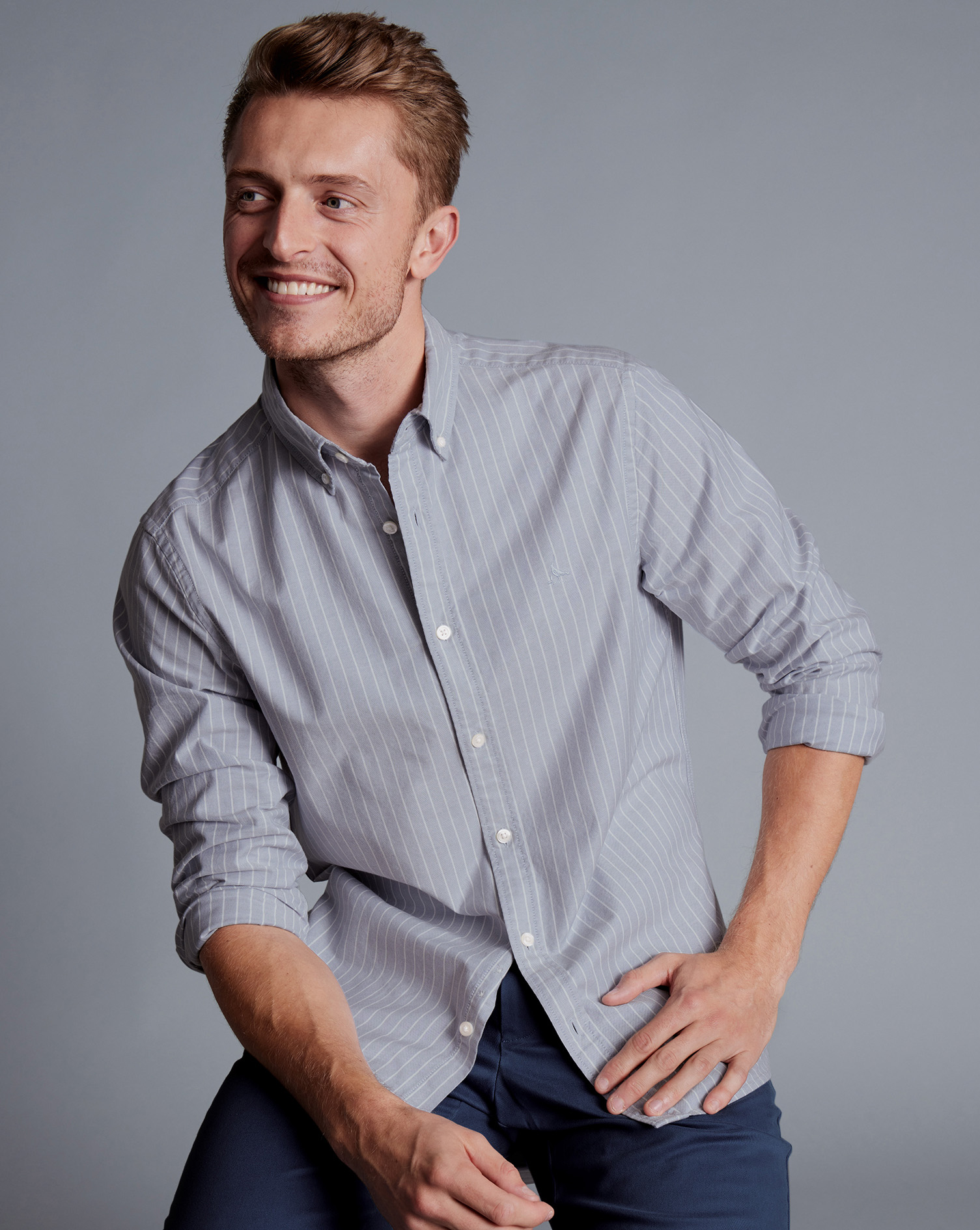 Button-Down Collar Washed Oxford Butchers Stripe Shirt - Steel Blue