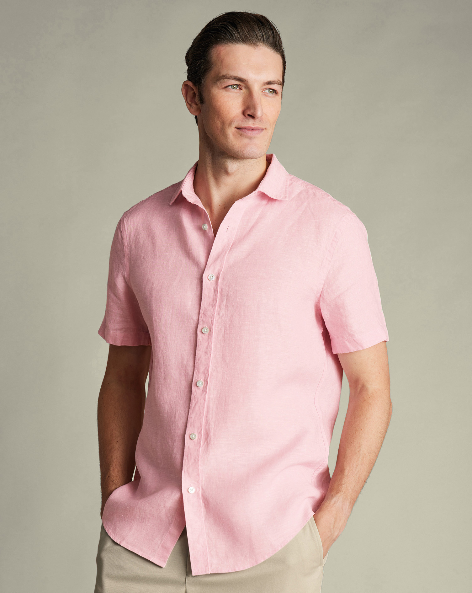 Charles Tyrwhitt Kurzärmeliges Hemd aus reinem Leinen - Rosa