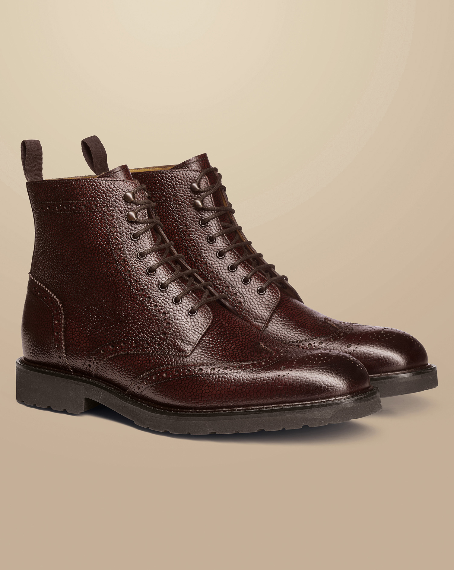 Grain Leather Rubber Sole Brogue Boots - Mahogany Brown